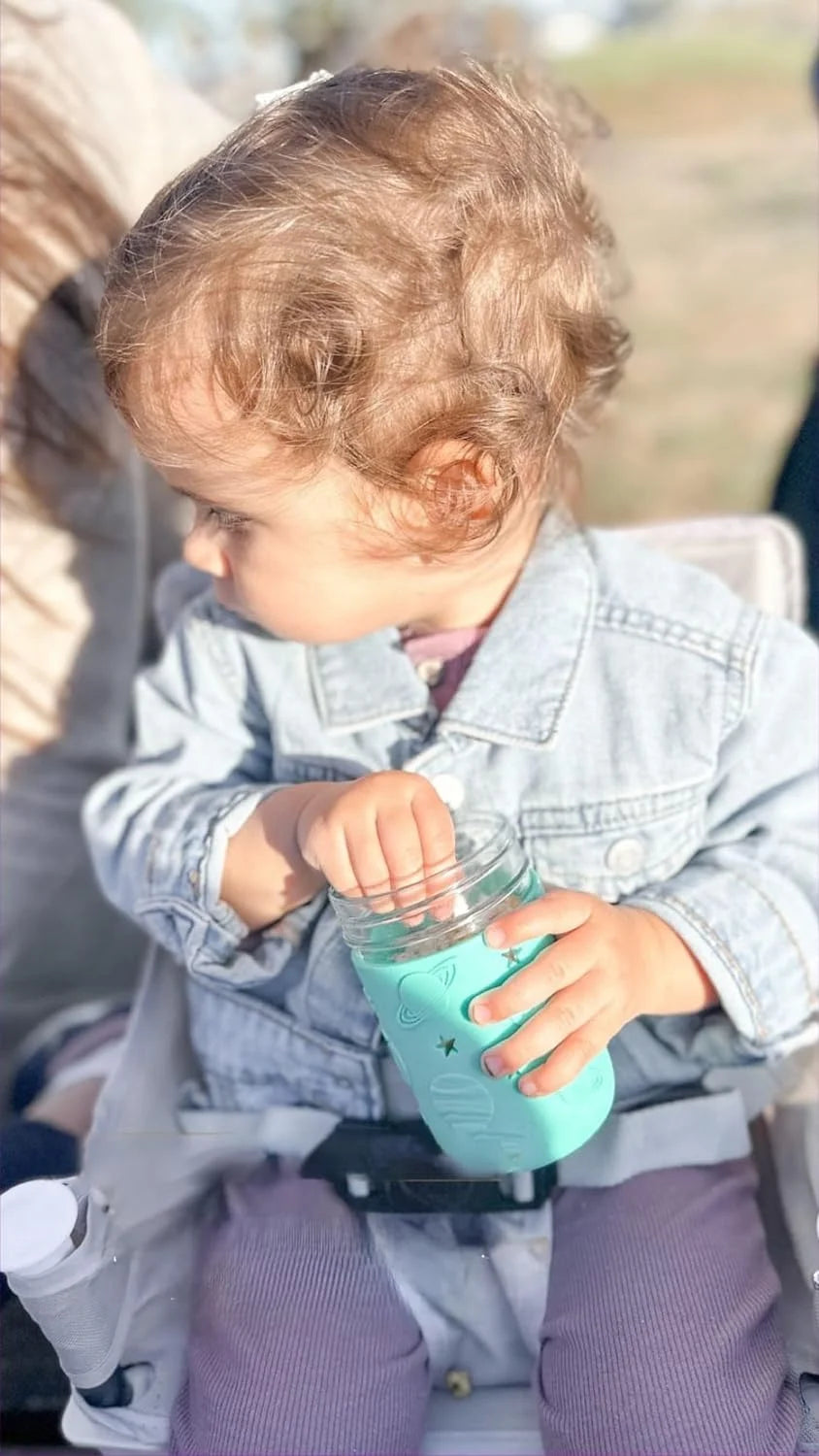 4 Pack Kids & Toddler Glass Cups, Glass Mason Jar Cups 8.45 Oz with Silicone Sleeves & Straws, Toddler Spill-Proof Smoothie Cups