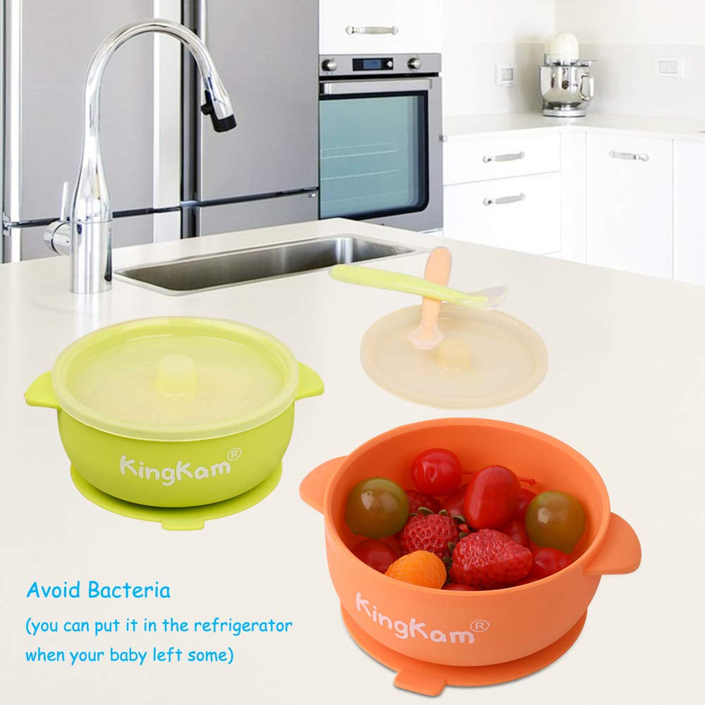 Baby Bowls and Spoons, Suction Bowls for Baby, Toddler Self-Feeding Set, Leak-Proof Silicone Bowl with Lid, Dishwasher & Microwave Safe