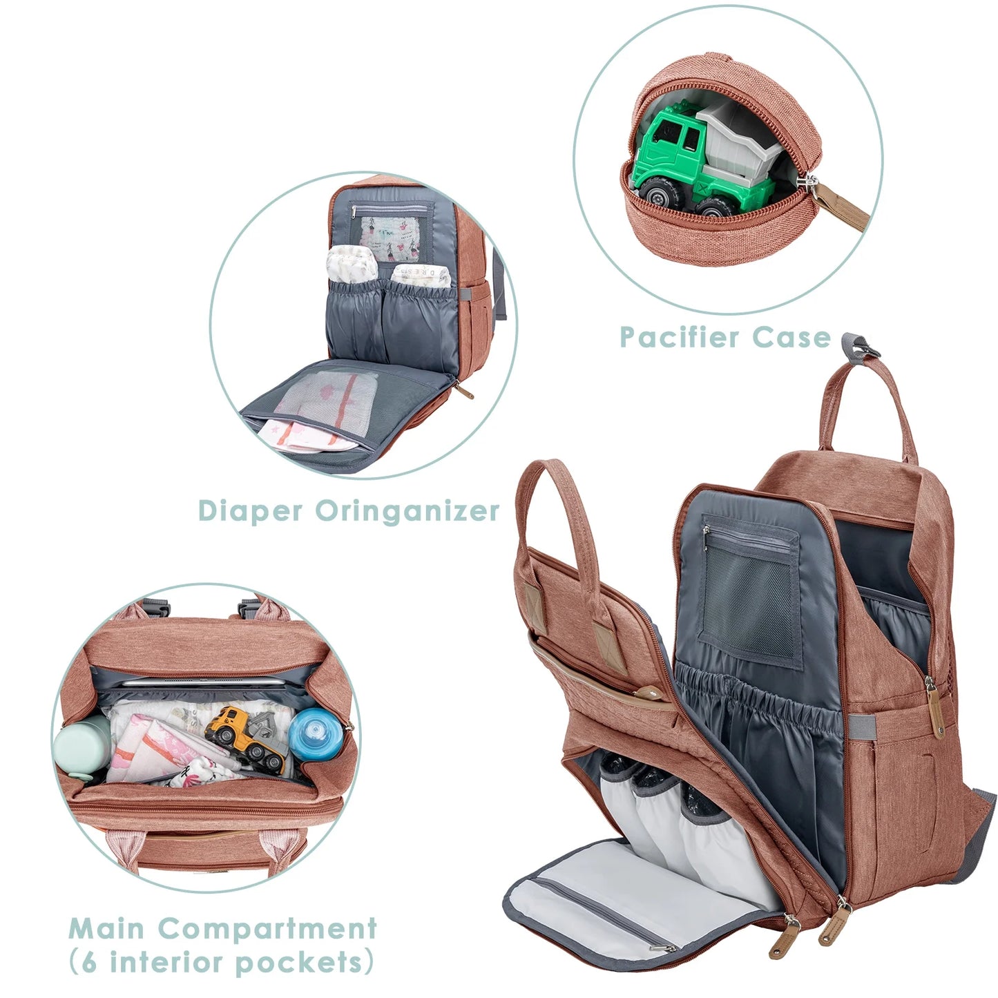 Baby Diaper Bag with Changing Pad, Large Capacity Travel Backpack with Insulated Milk Bottle Pocket, Pink