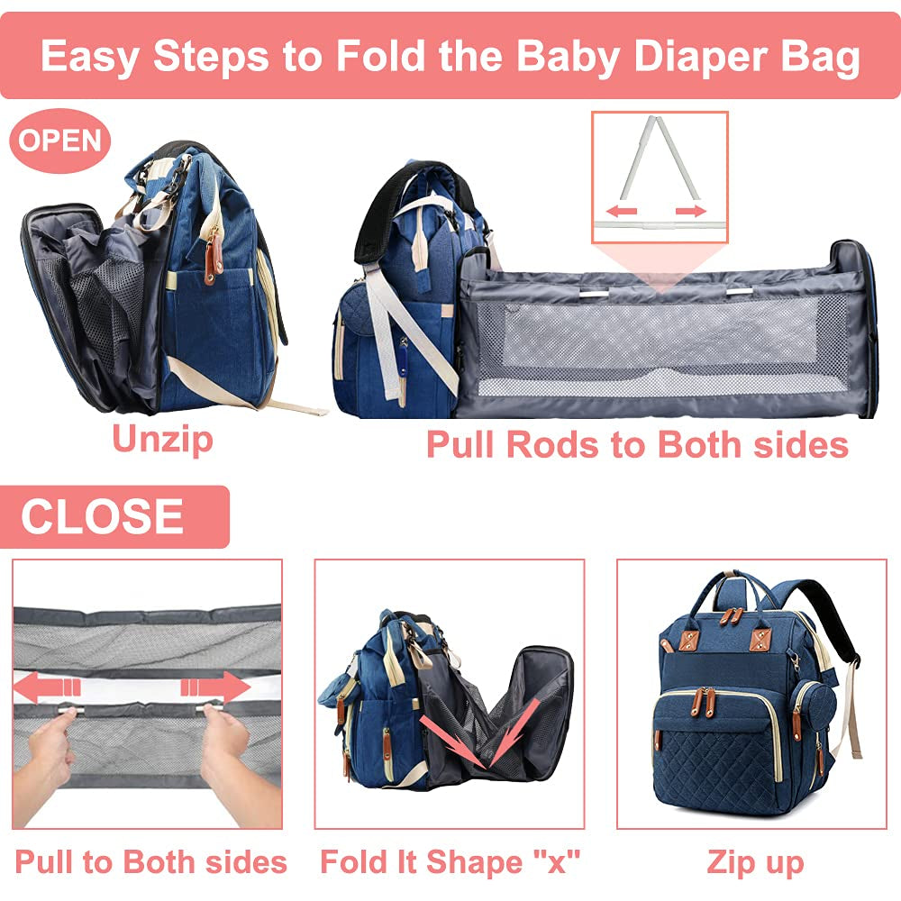 Diaper Bag Backpack with Changing Station Large Capacity Travel Baby Bags for Dad Mom Multifunction Foldable Nappy Bags with Crib/Pacifier Case