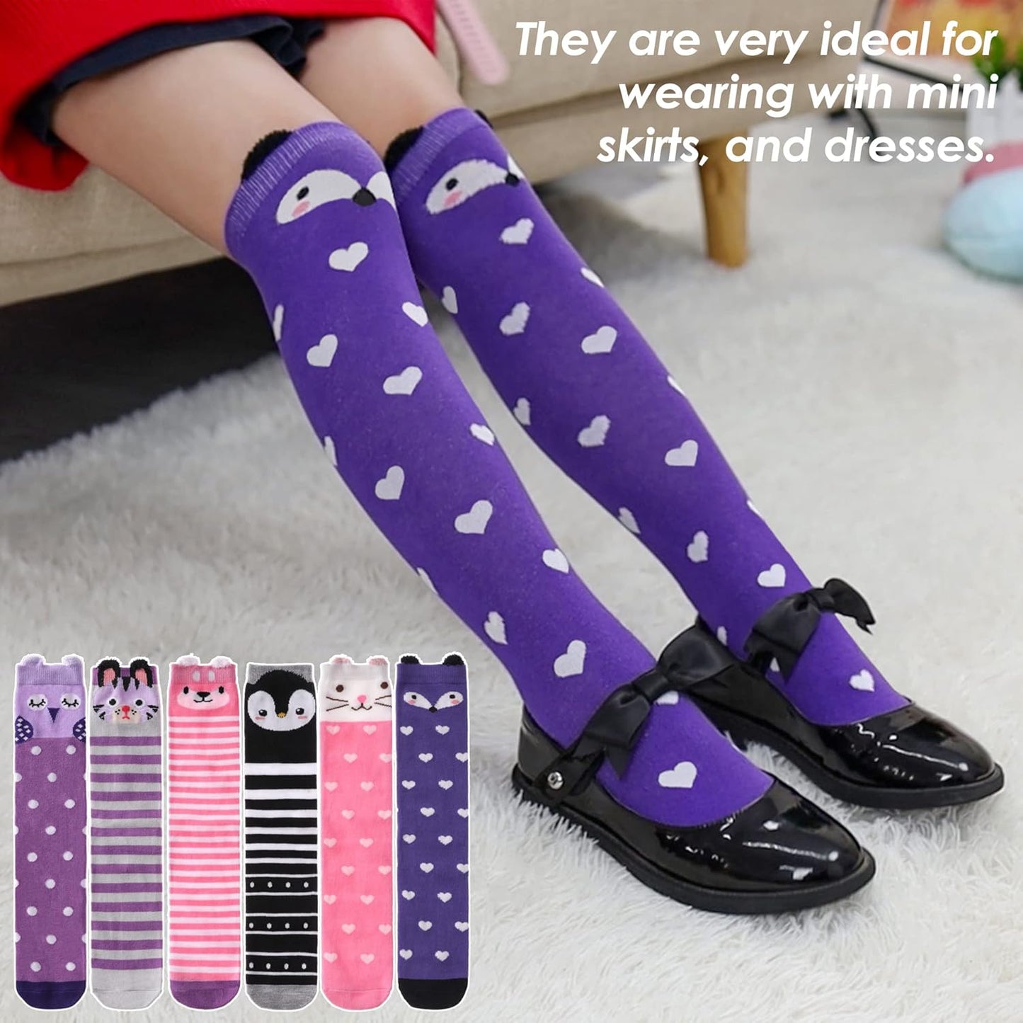 3-12 Year Old Girls Knee High Socks Kids Cute Crazy Funny Animal Pattern Long Boot Socks 6 Pairs
