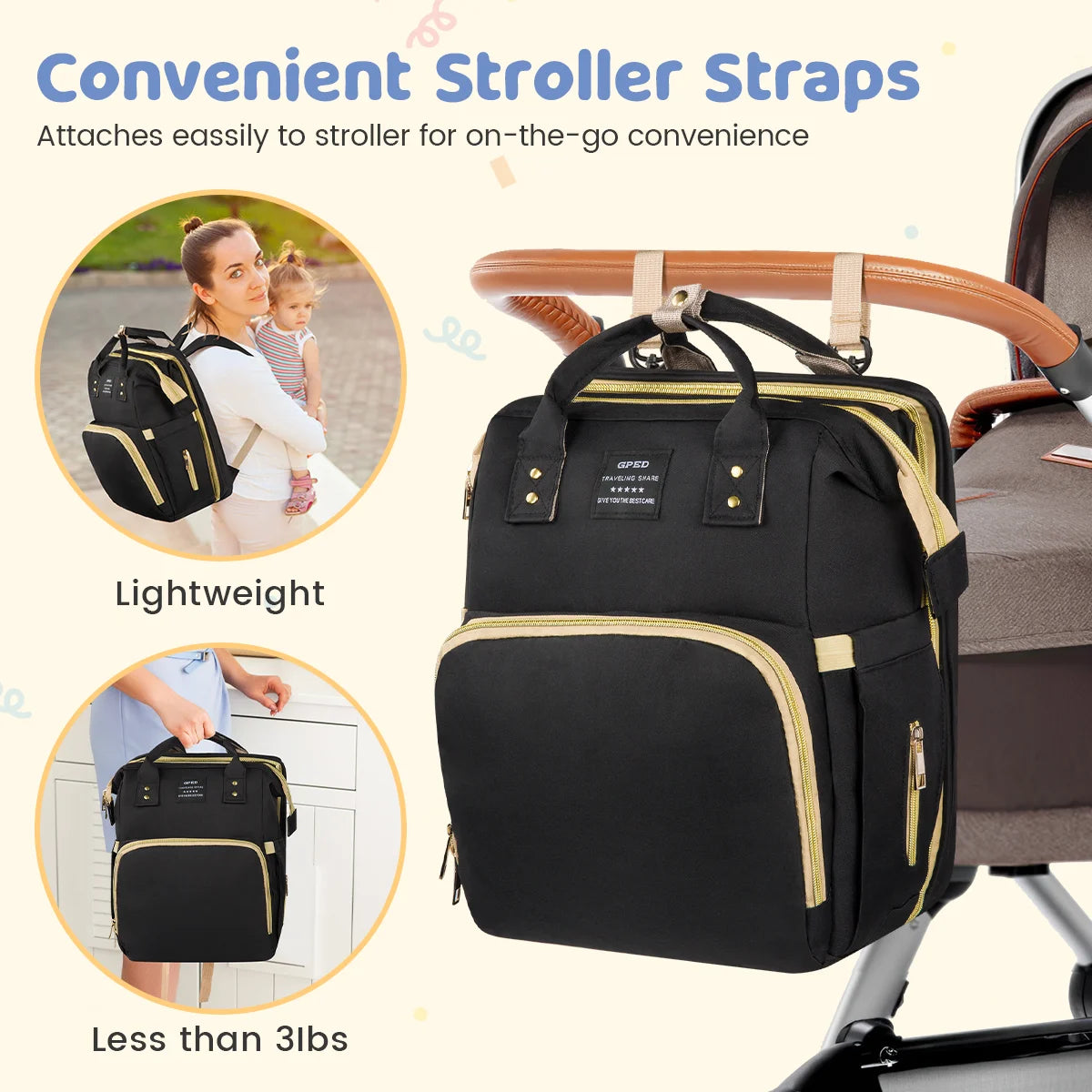 Diaper Bag Backpack, Multifunctional Baby Changing Bag with Foldable Crib &Insulated Milk Bottle Pockets, Large Capacity Portable Travel Backpack with USB Charging Port, Nappy Bag for Moms Dads,Black