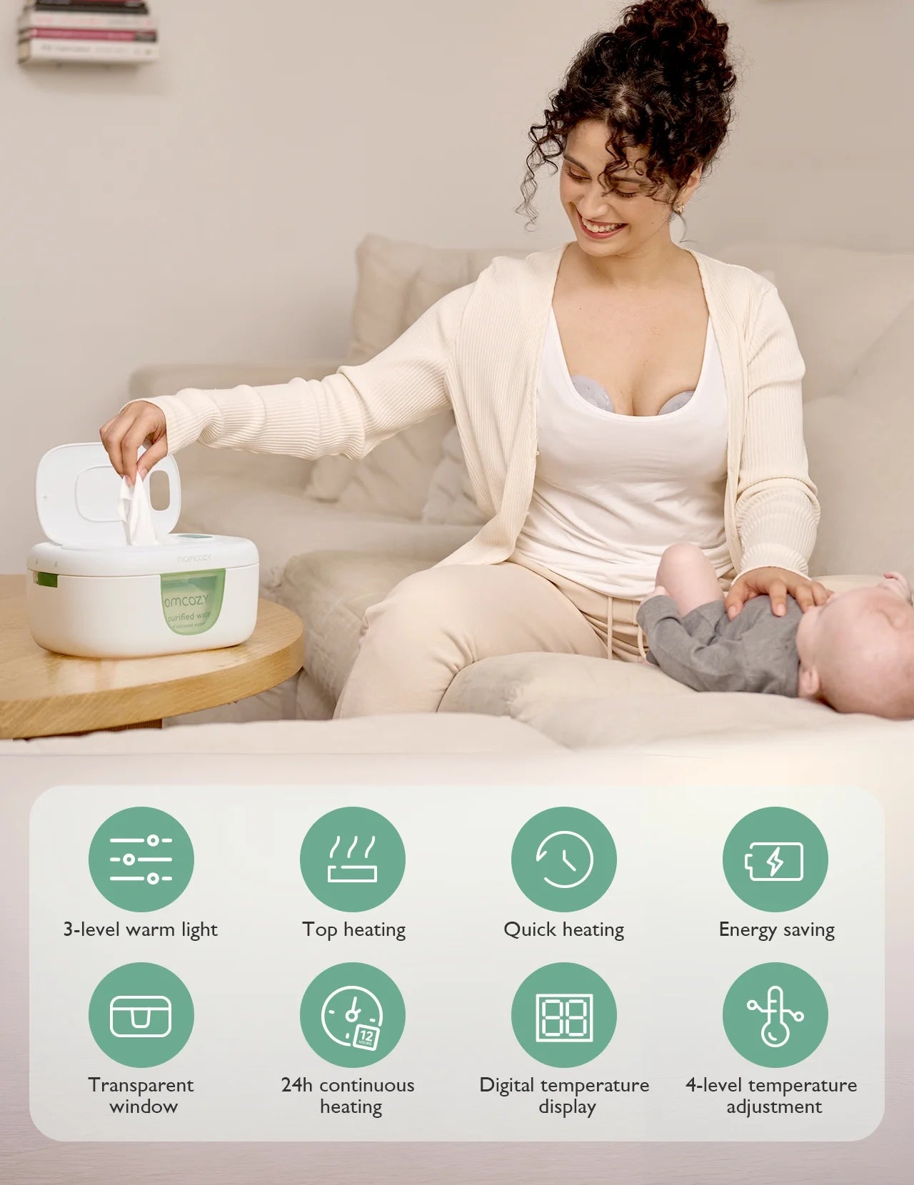 Baby Wipe Warmer with Spring Design, 4 Modes Temperature, Wipe Dispenser with Night Light