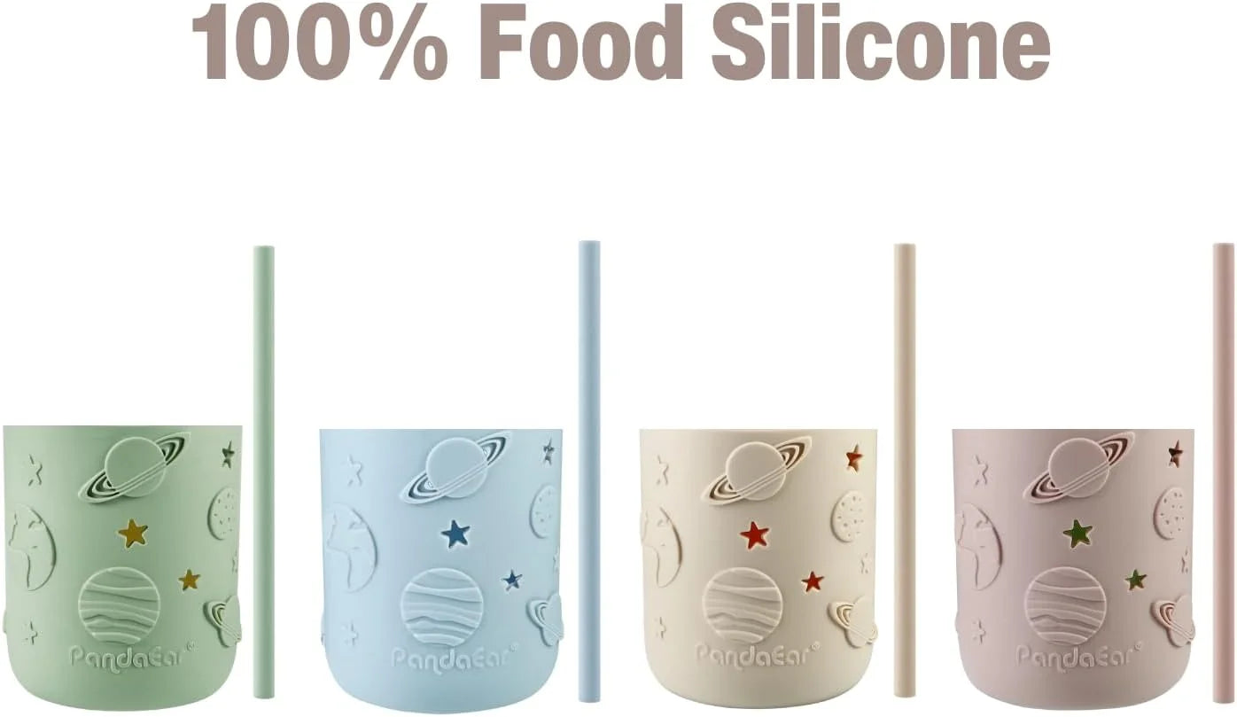 4 Pack Kids & Toddler Glass Cups, Glass Mason Jar Cups 8.45 Oz with Silicone Sleeves & Straws, Toddler Spill-Proof Smoothie Cups