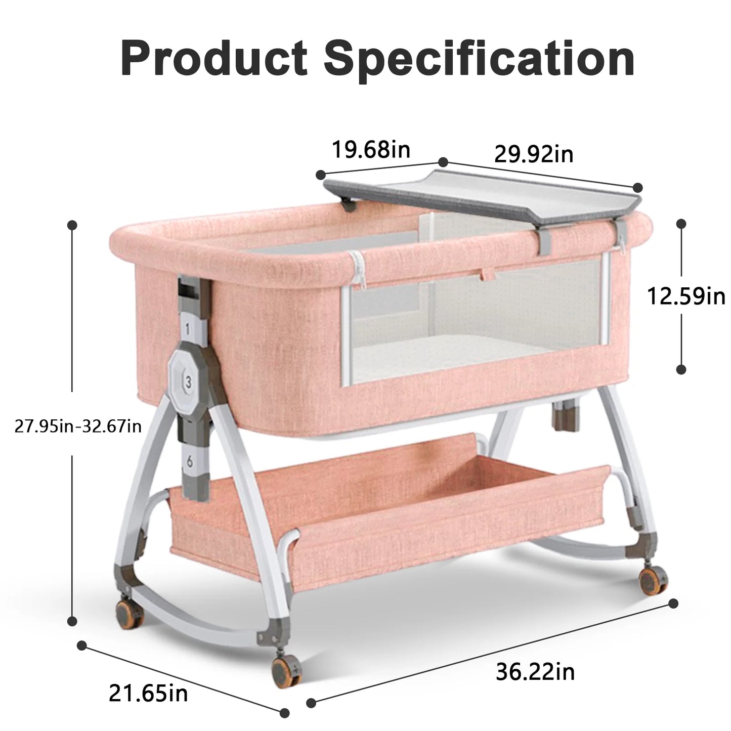 5-In-1 Folding Baby Bassinet,6-Height-Adjustable Crib with Lockable Wheels,Changing Table(Pink)