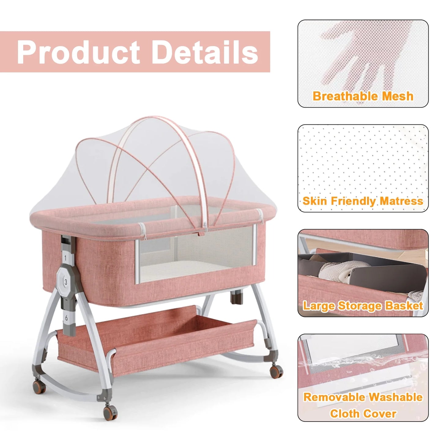 5-In-1 Folding Baby Bassinet,6-Height-Adjustable Crib with Lockable Wheels,Changing Table(Pink)