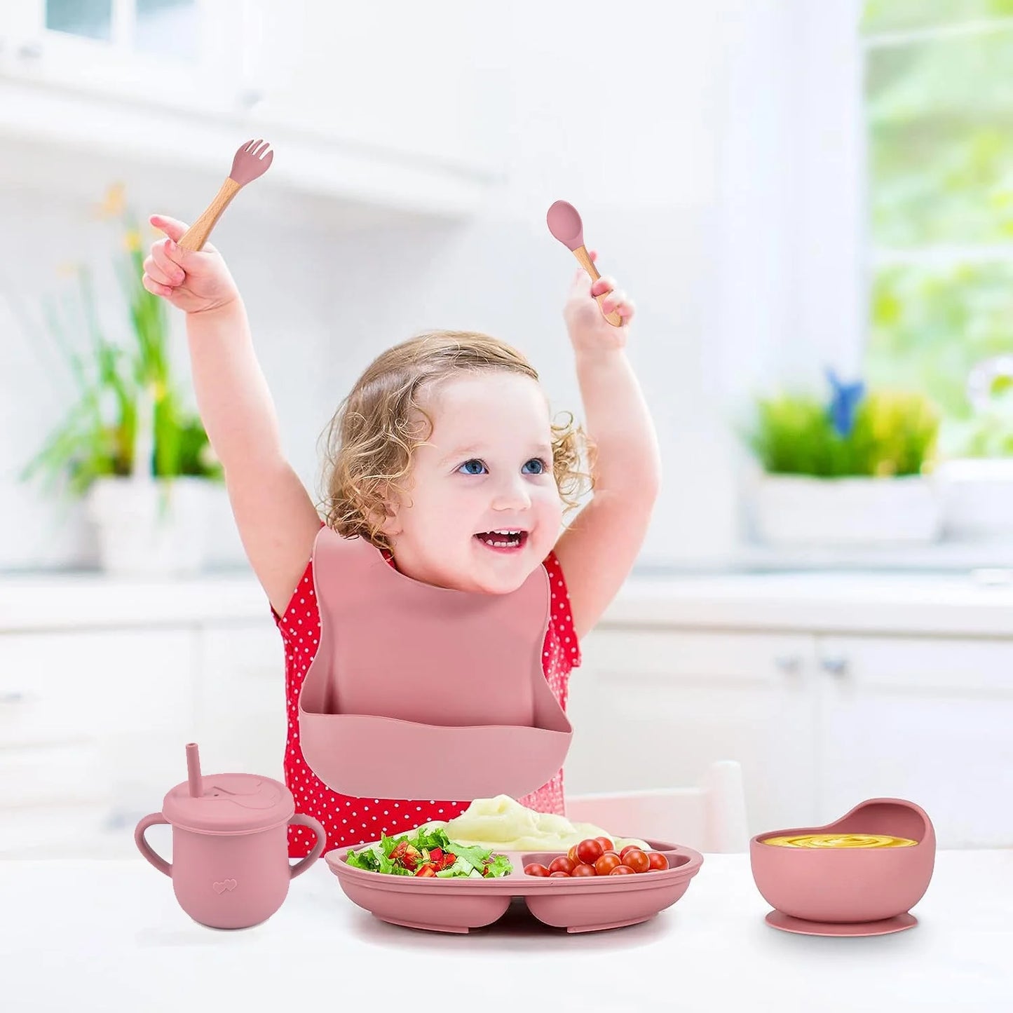 Silicone Baby Feeding Set|Baby Weaning Supplies Set|Suction Baby Plate Bowl Set with Bib Spoon Fork Sippy Cup|Baby Feeding Eating Supplies Set BPA Free - Dark Pink