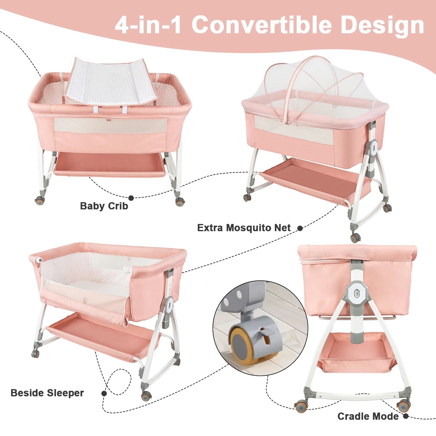 5-In-1 Folding Baby Bassinet,6-Height-Adjustable Crib with Lockable Wheels,Changing Table(Pink)