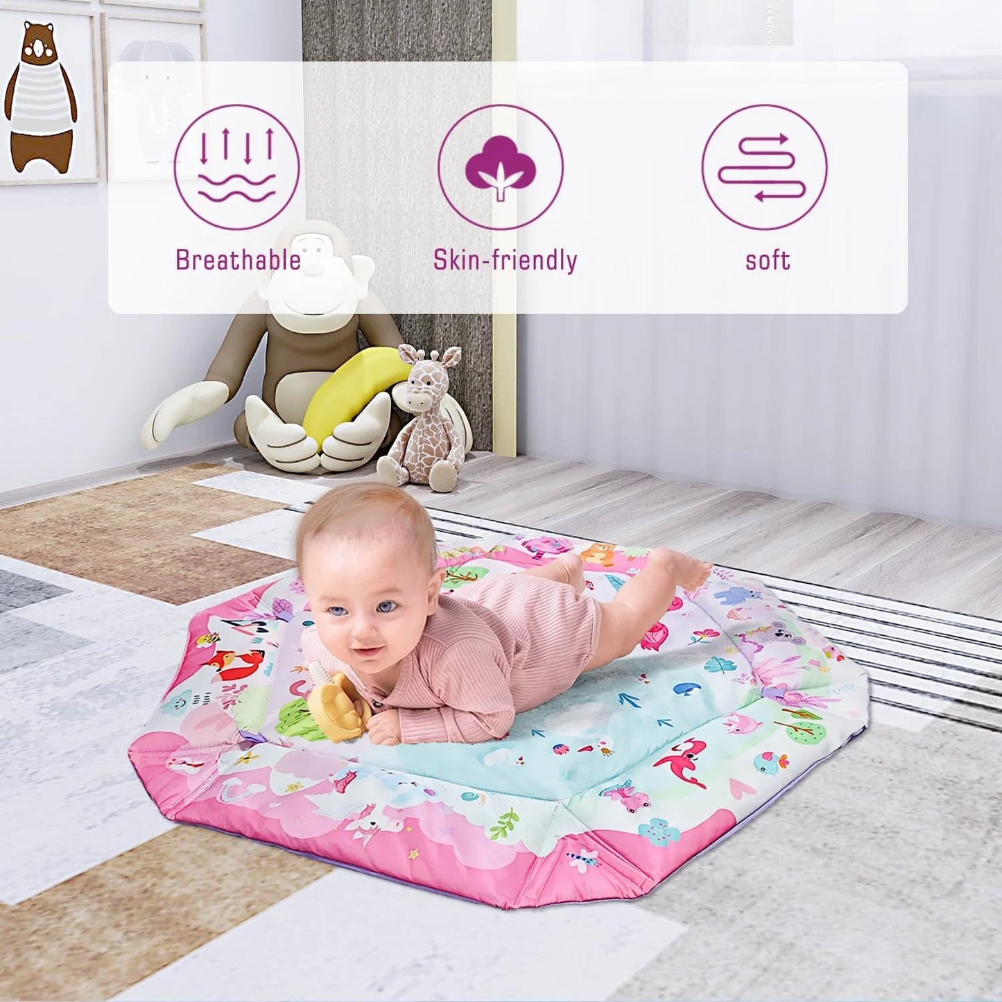 Baby Play Gym and Activity Mat - 4-In-1 Tummy Time Gym with Sensory Toys for Infants & Toddlers, Pink