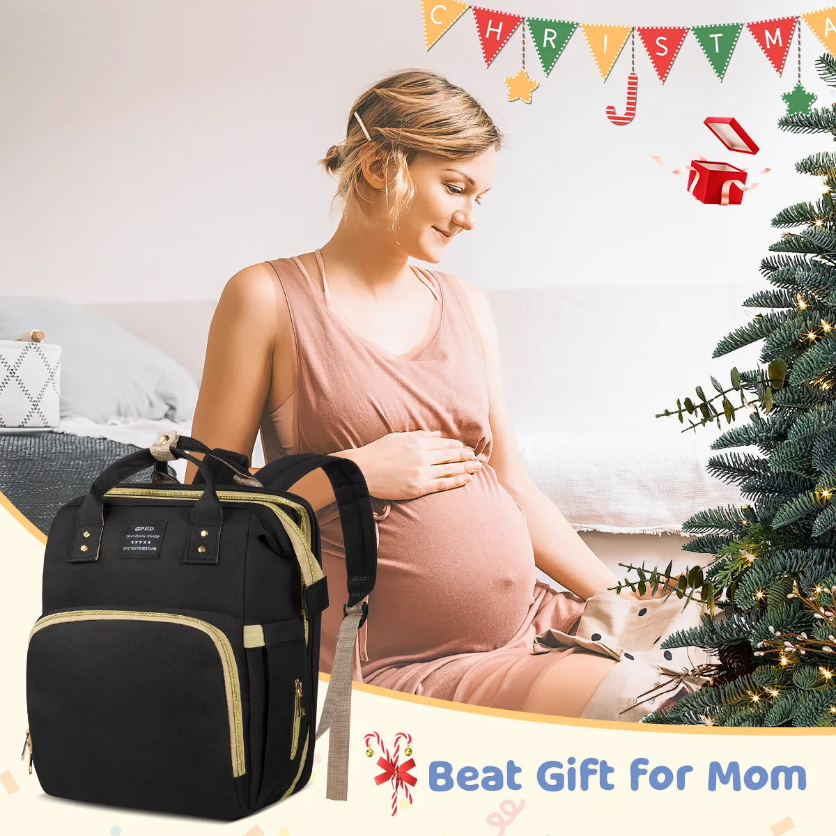 Diaper Bag Backpack, Multifunctional Baby Changing Bag with Foldable Crib &Insulated Milk Bottle Pockets, Large Capacity Portable Travel Backpack with USB Charging Port, Nappy Bag for Moms Dads,Black