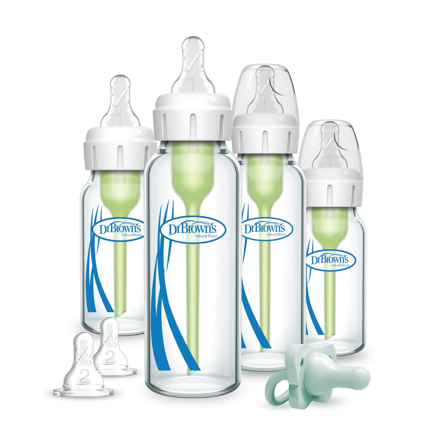 Anti-Colic Options+ Narrow Glass Bottle Starter Set, 4Oz / 8Oz Bottles, Levels 1, 2 Nipples, and Happypaci Pacifier