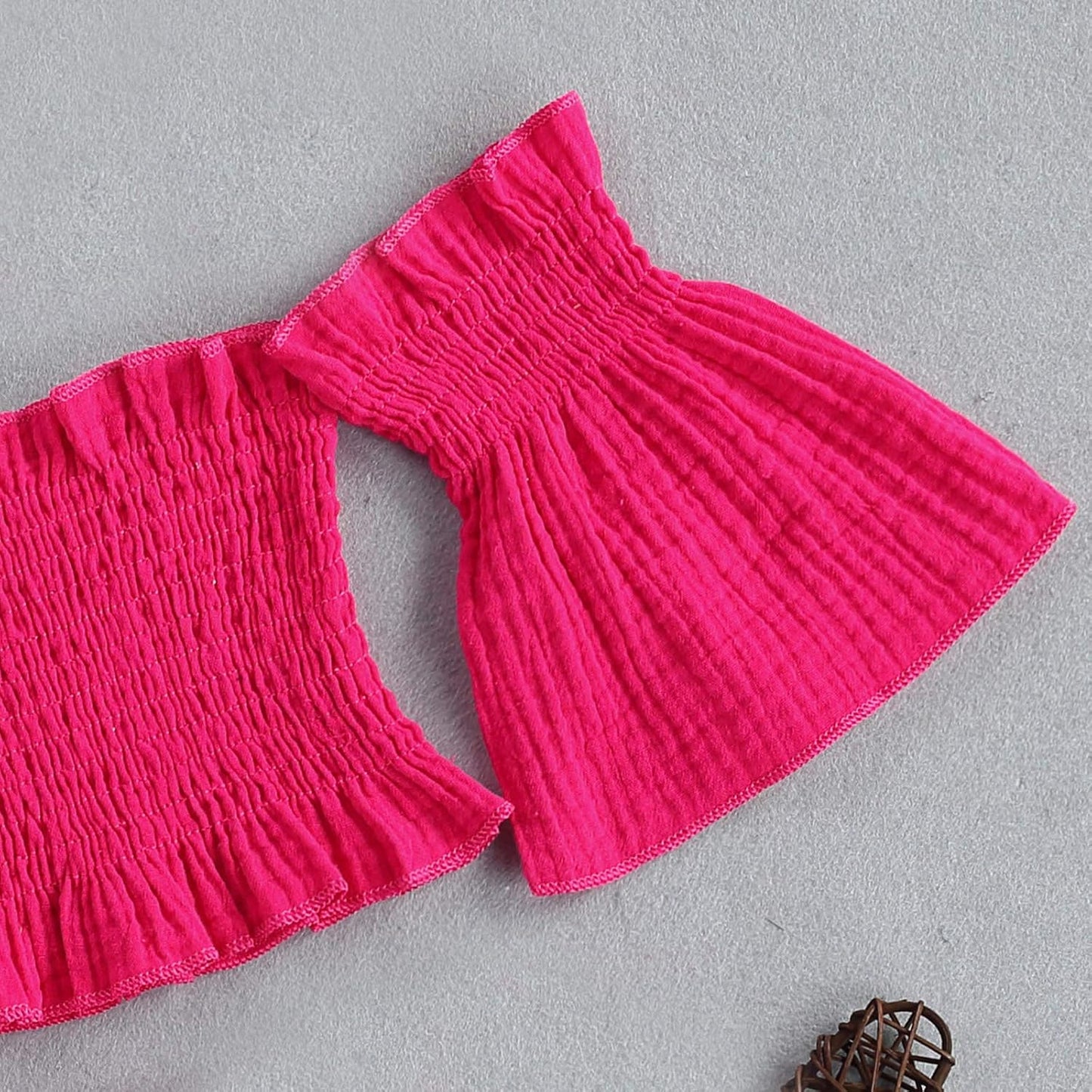 3Pcs Toddler Kids Baby Girl Summer Outfits off Shoulder Crop Top Ruffle Shorts Headband Clothes Set 1-6Y (Rose Red, 5-6T)