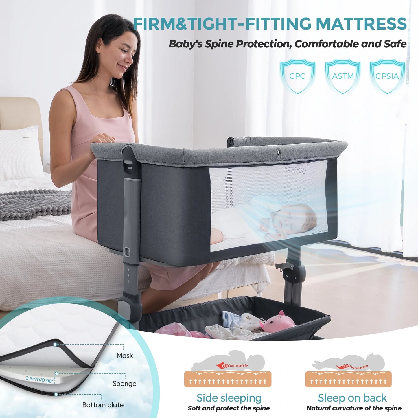 Portable Baby Bedside Sleeper Bassinet with Waterproof Mattress Pad for Infant Newborn up to 12 Month