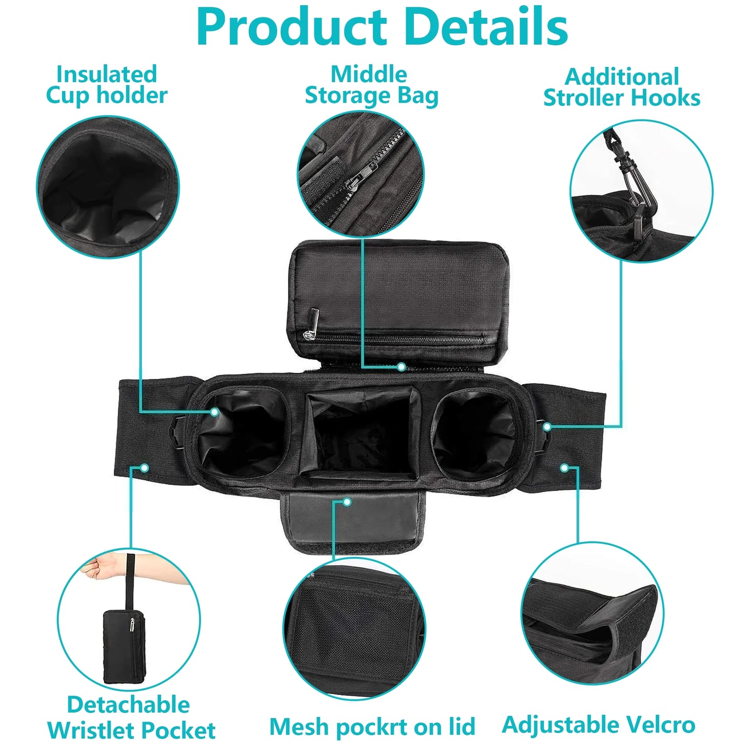 Universal Stroller Organizer Non Slip Straps Stroller Caddy with Insulated 2 Cup Holder-Detachable Phone Bag & Shoulder Strap,Fits for Stroller like Uppababy,Baby Jogger and Pet Stroller,Black