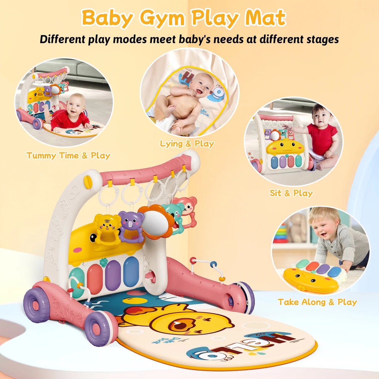 4 in 1 Baby Play Gym & Play Mats,Kick and Play Piano Gym, Baby Activity Walker for 0-24 Months Infant Newborn Toddler, Pink