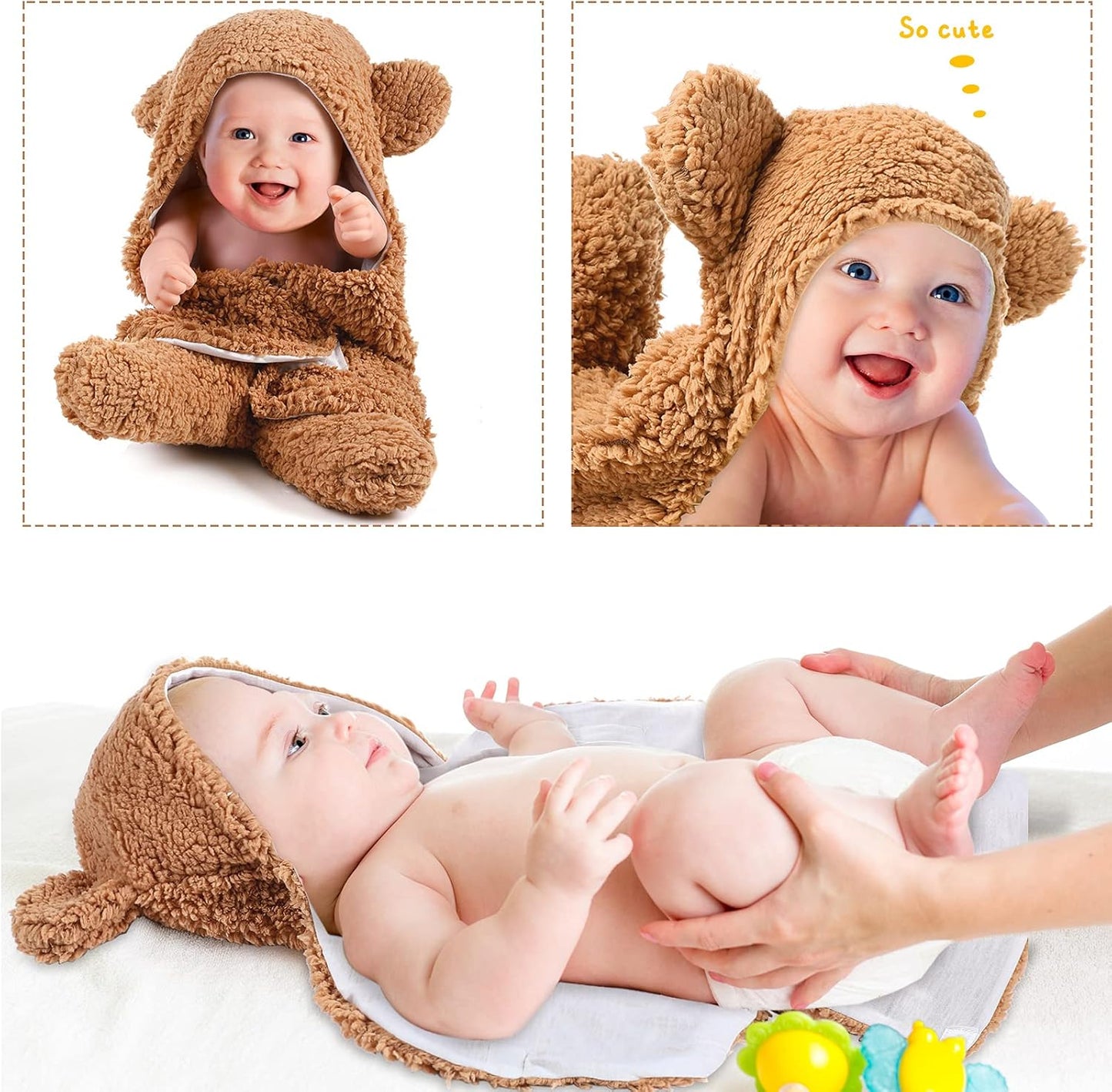 2 Set Newborn Plush Swaddle Blankets Cute Swaddle Hooded Swaddle Blanket Baby Boys Girls Receiving Hooded Sleeping Bag Infant Sleep Swaddling (White, Brown)