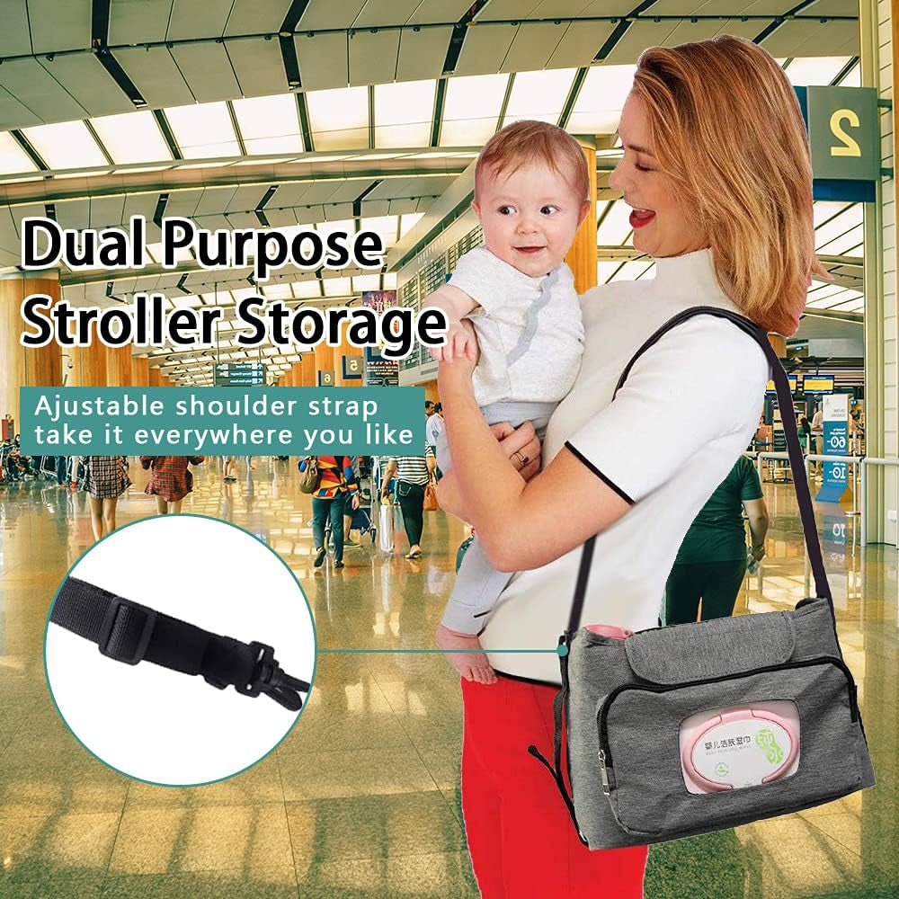 Baby Stroller Organizer with Cup Holder Universal Stroller Caddy Large Storage Space Baby Multiple Pockets Stroller Storage Adjustable Shoulder Strap Stroller Accessories Organizer