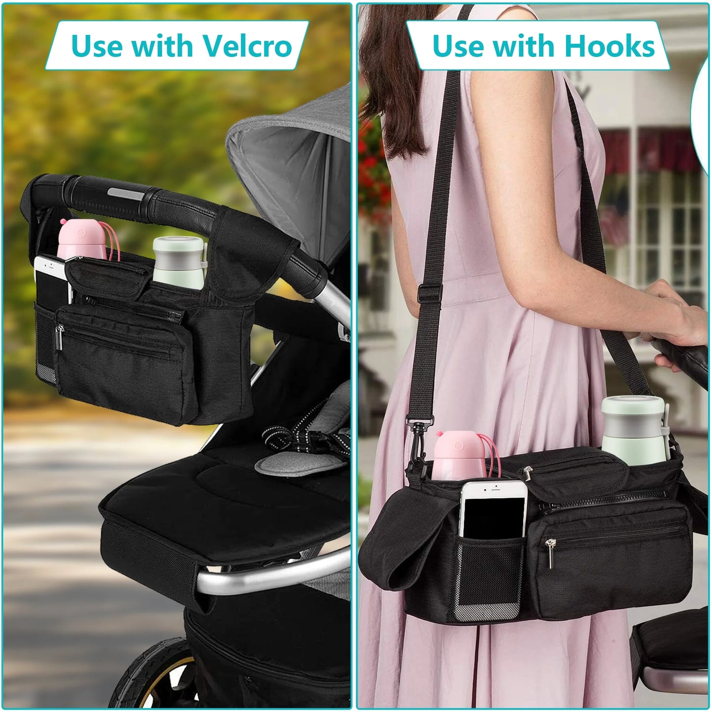Universal Stroller Organizer Non Slip Straps Stroller Caddy with Insulated 2 Cup Holder-Detachable Phone Bag & Shoulder Strap,Fits for Stroller like Uppababy,Baby Jogger and Pet Stroller,Black