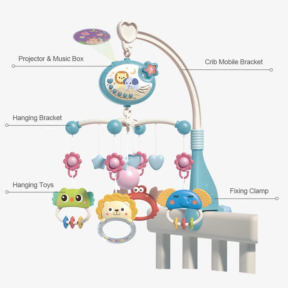 Cute Baby Crib Mobile with Music Lights Star Projection Hanging Rotating Toys Baby Crib Toys with Remote Contorl Infant Bed Decoration for Baby Boys Girls
