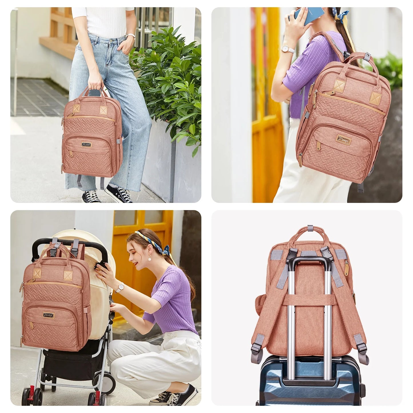 Baby Diaper Bag with Changing Pad, Large Capacity Travel Backpack with Insulated Milk Bottle Pocket, Pink