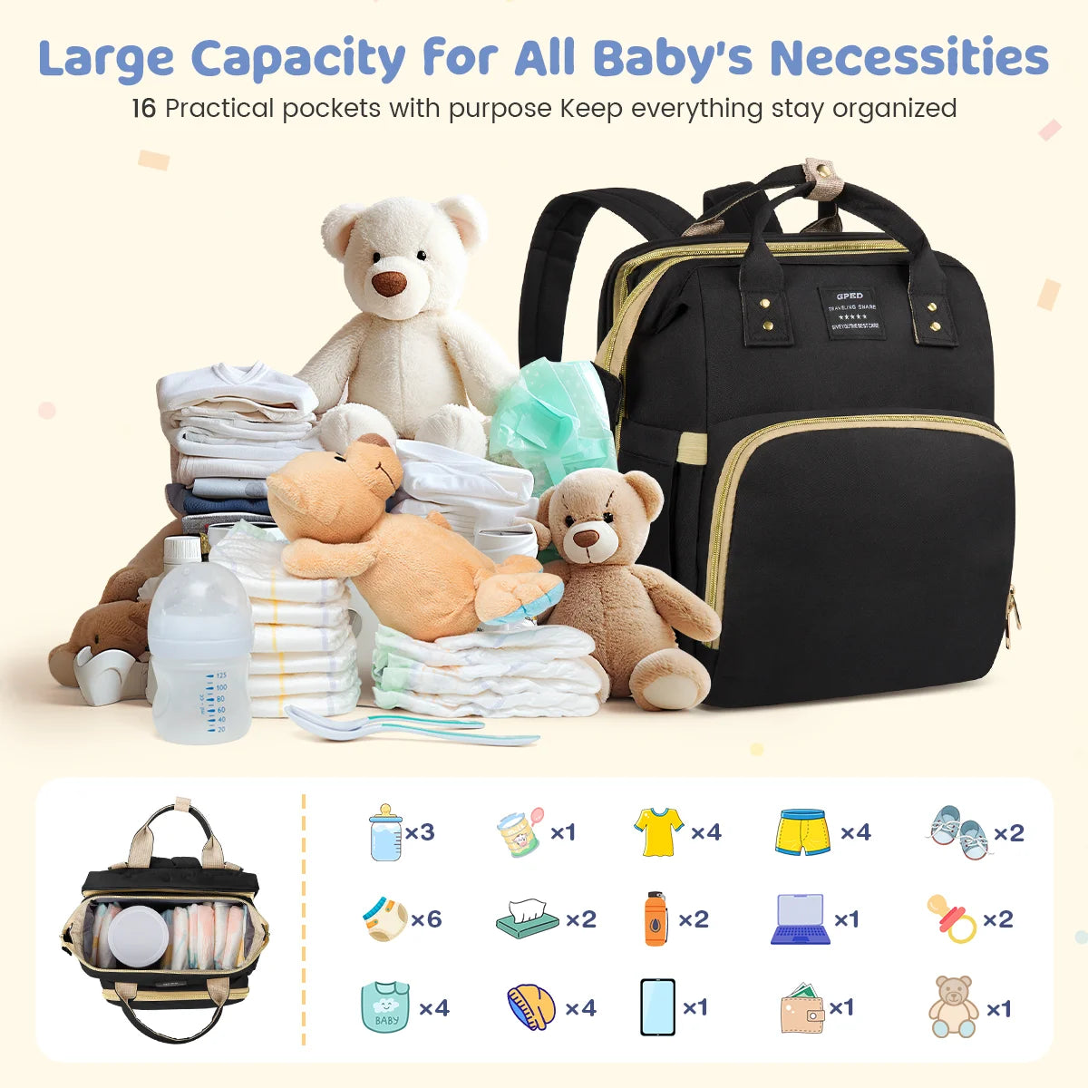 Diaper Bag Backpack, Multifunctional Baby Changing Bag with Foldable Crib &Insulated Milk Bottle Pockets, Large Capacity Portable Travel Backpack with USB Charging Port, Nappy Bag for Moms Dads,Black