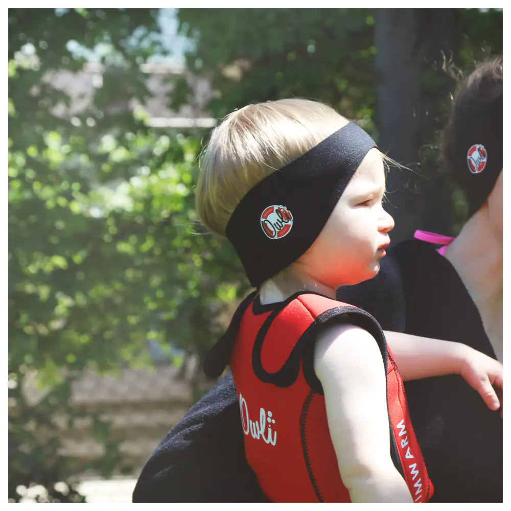 Owli Swimwarm Baby Ear Band – Black | Waterproof Reversible Headband with Silicone Ear Plugs (0-3 Years)