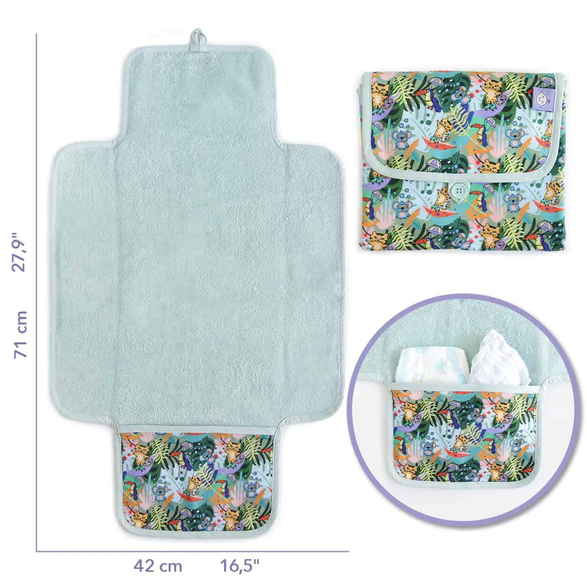 Milk&Moo Jungle Friends Portable Diaper Changing Pad – Waterproof, Foldable, 100% Turkish Cotton | Baby Travel Mat with Storage Pocket