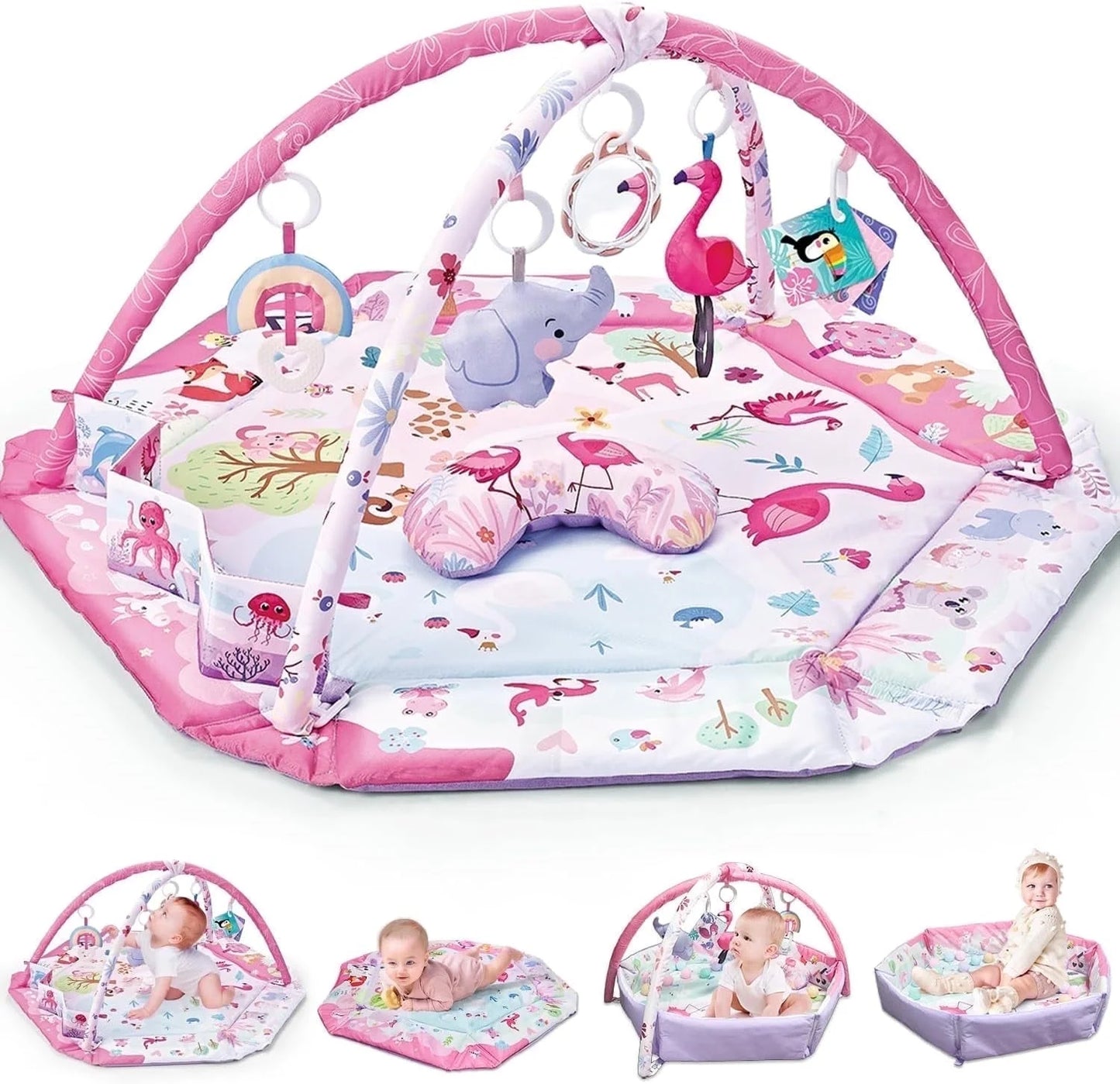 Baby Play Gym and Activity Mat - 4-In-1 Tummy Time Gym with Sensory Toys for Infants & Toddlers, Pink