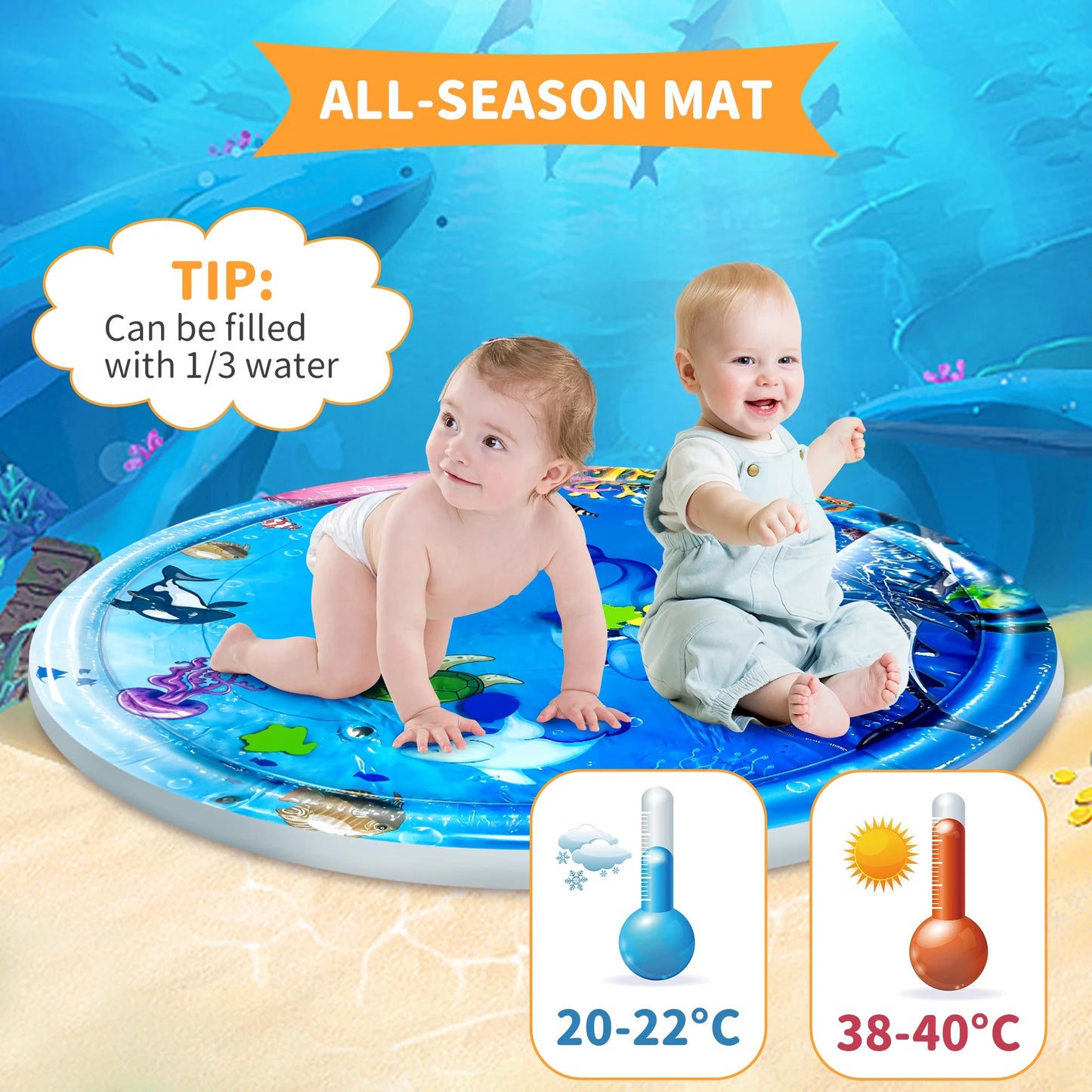 Tummy Time Mat, Water Play Mat for Babies Inflatable Tummy Time Water Play Mat for Infants and Toddlers 3 to 12 Months Promote Development Toys, Cute Baby Play Mat