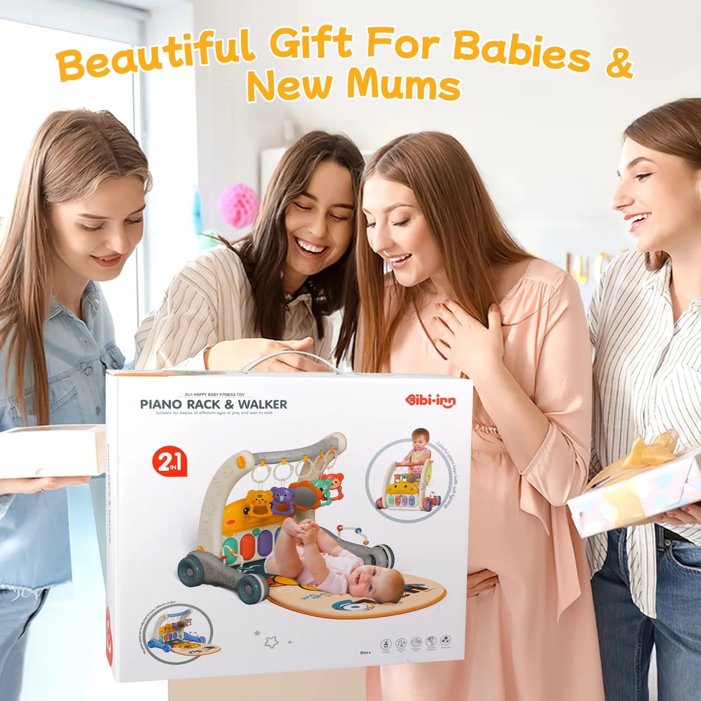 4 in 1 Baby Play Gym & Play Mats,Kick and Play Piano Gym, Baby Activity Walker for 0-24 Months Infant Newborn Toddler, Pink