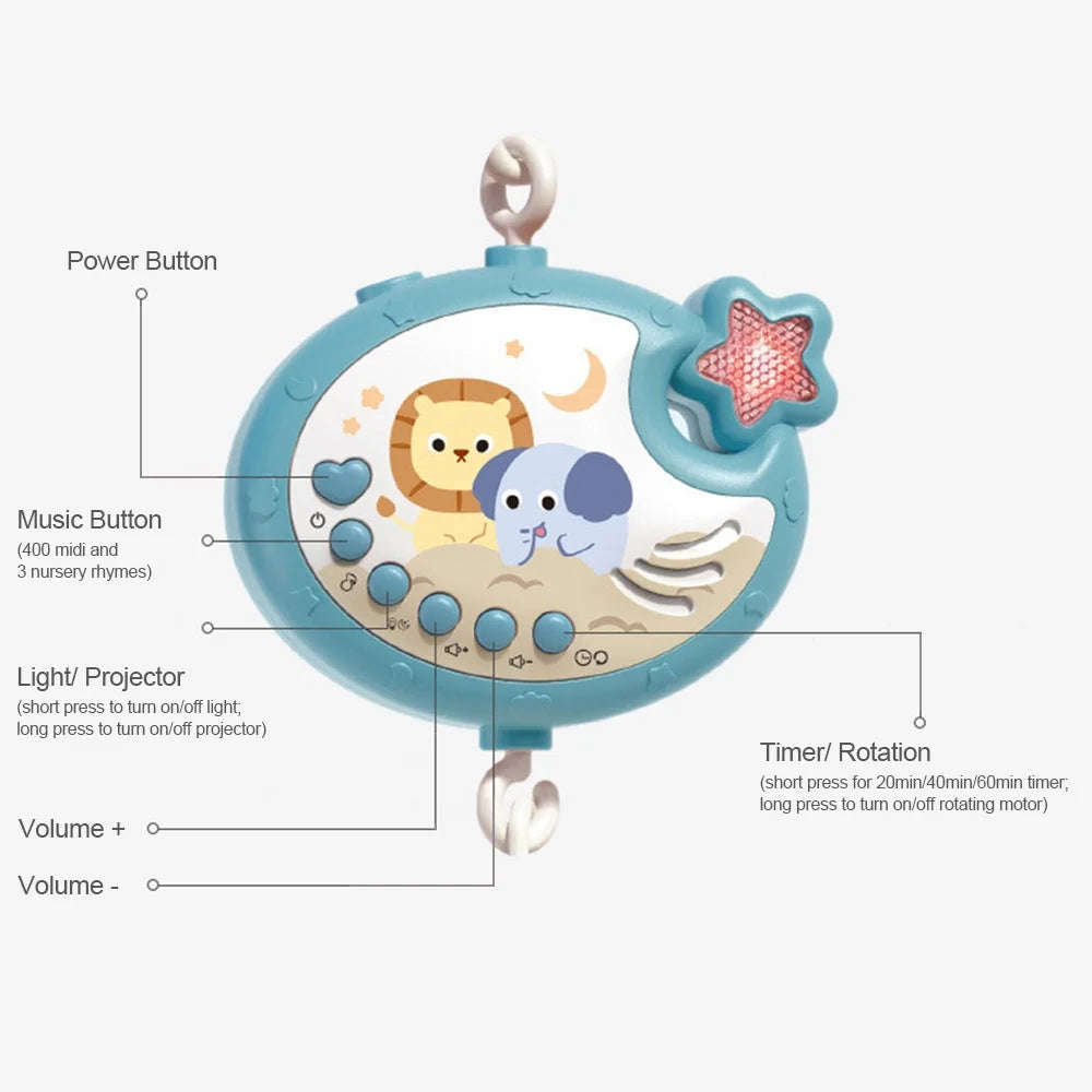 Cute Baby Crib Mobile with Music Lights Star Projection Hanging Rotating Toys Baby Crib Toys with Remote Contorl Infant Bed Decoration for Baby Boys Girls