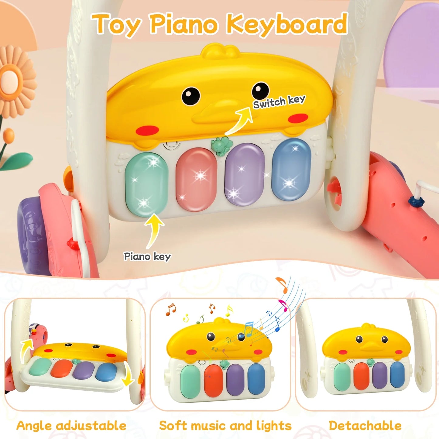 4 in 1 Baby Play Gym & Play Mats,Kick and Play Piano Gym, Baby Activity Walker for 0-24 Months Infant Newborn Toddler, Pink