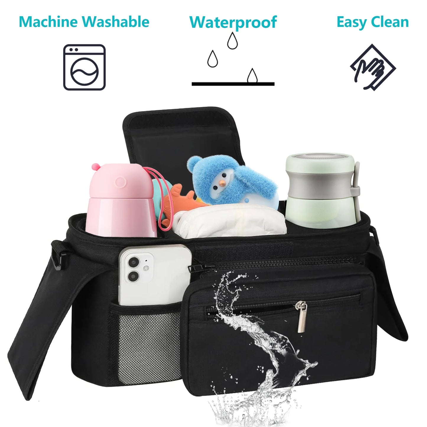 Universal Stroller Organizer Non Slip Straps Stroller Caddy with Insulated 2 Cup Holder-Detachable Phone Bag & Shoulder Strap,Fits for Stroller like Uppababy,Baby Jogger and Pet Stroller,Black