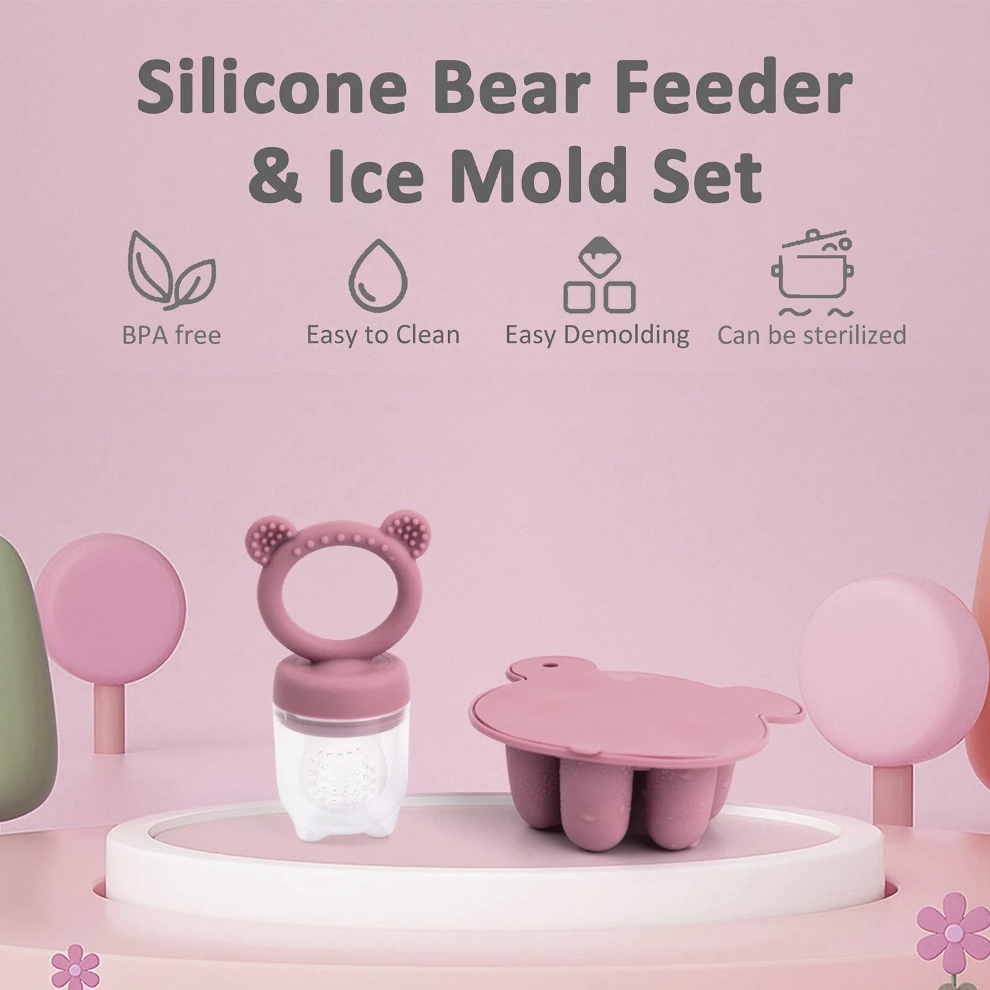 Silicone Baby Fruit Food Feeder Pacifier & Breastmilk Popsicle Freezer Molds, Baby Food Storage Containers Breast Milk Ice Cubes for Baby Teething & Infant Self Feeding, BPA Free (Pink)