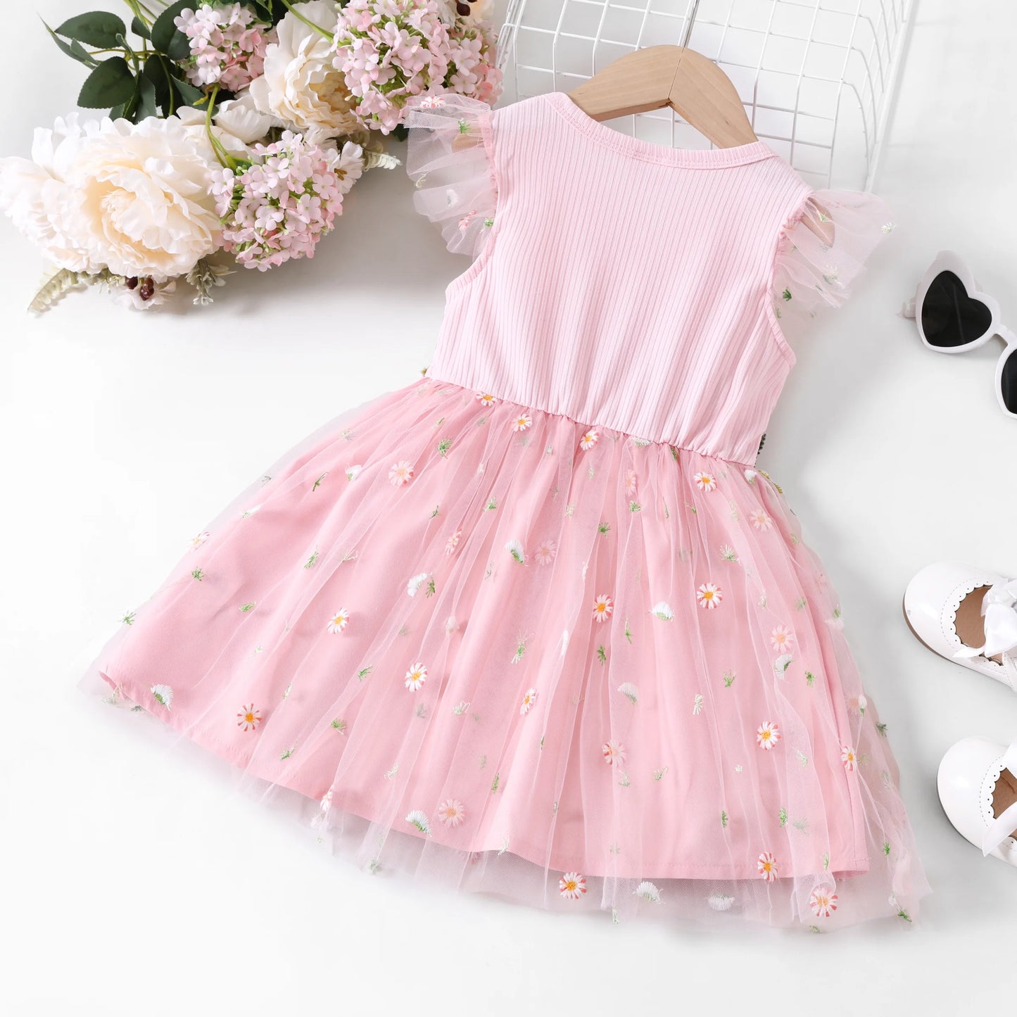 Summer Girls Clothes Toddler Girl Sweet Flutter Sleeve Flower Dress, Pink, 3-4 Years