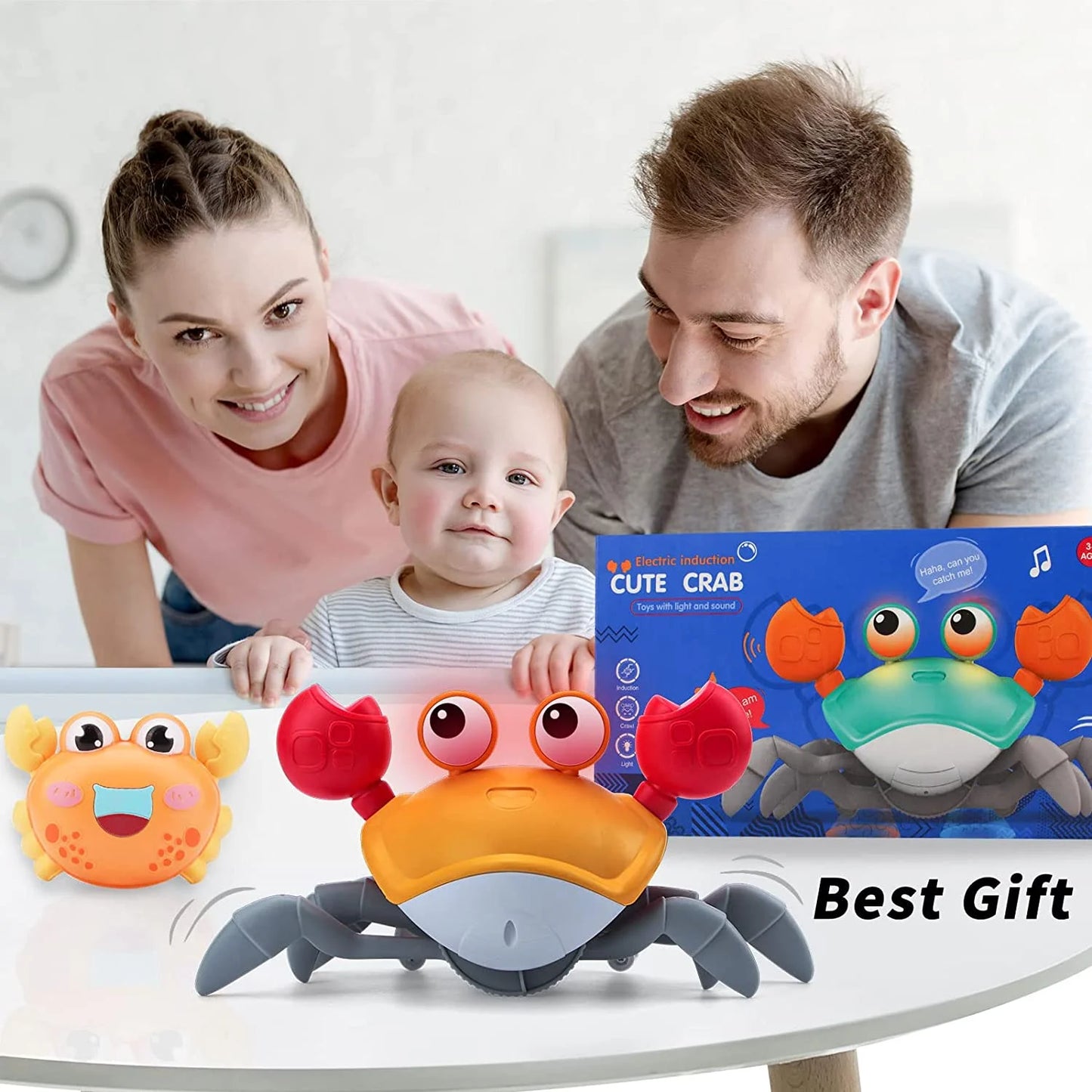 Crawling Crab Baby Toy, Tummy Time Gifts for Newborn Babies 3-12 Month, Light-Up Walking Dancing Moving Crab with Music, Rechargeable Sensory Toy