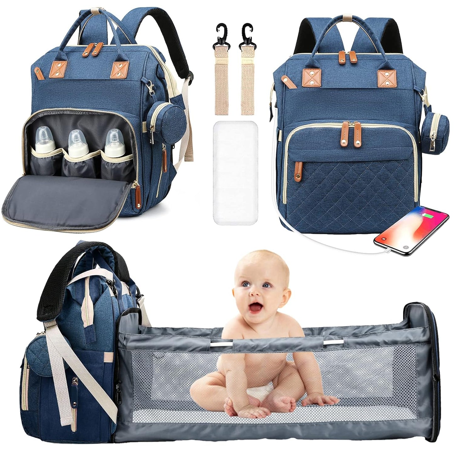 Diaper Bag Backpack with Changing Station Large Capacity Travel Baby Bags for Dad Mom Multifunction Foldable Nappy Bags with Crib/Pacifier Case