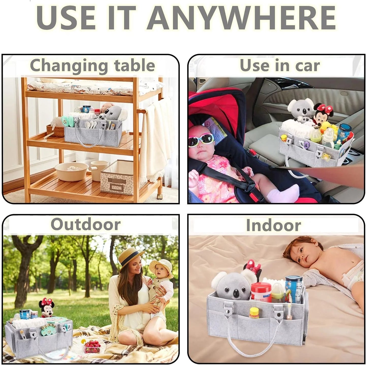 Baby Diaper Caddy Organizer with Handle, Portable Nursery Storage Bin and Car Organizer for Diapers and Baby Wipes, Gray
