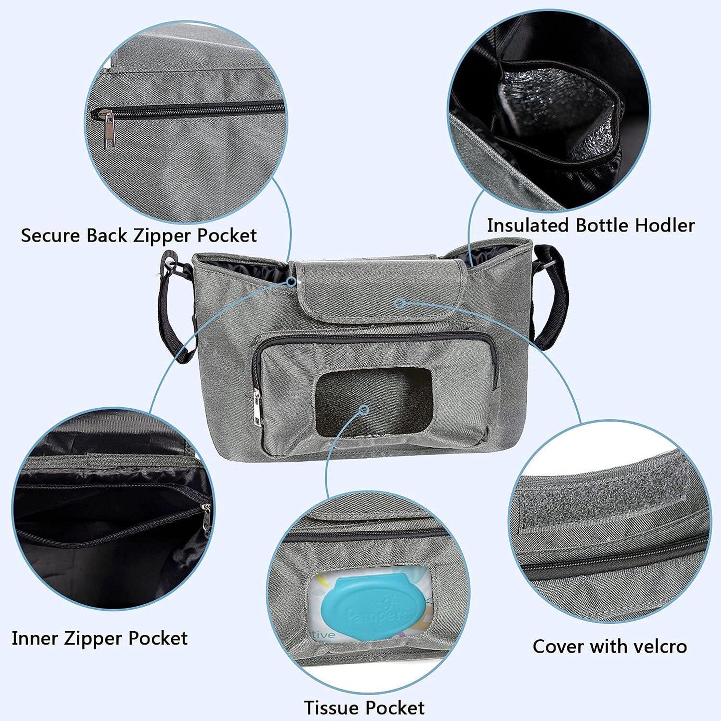 Baby Stroller Organizer with Cup Holder Universal Stroller Caddy Large Storage Space Baby Multiple Pockets Stroller Storage Adjustable Shoulder Strap Stroller Accessories Organizer