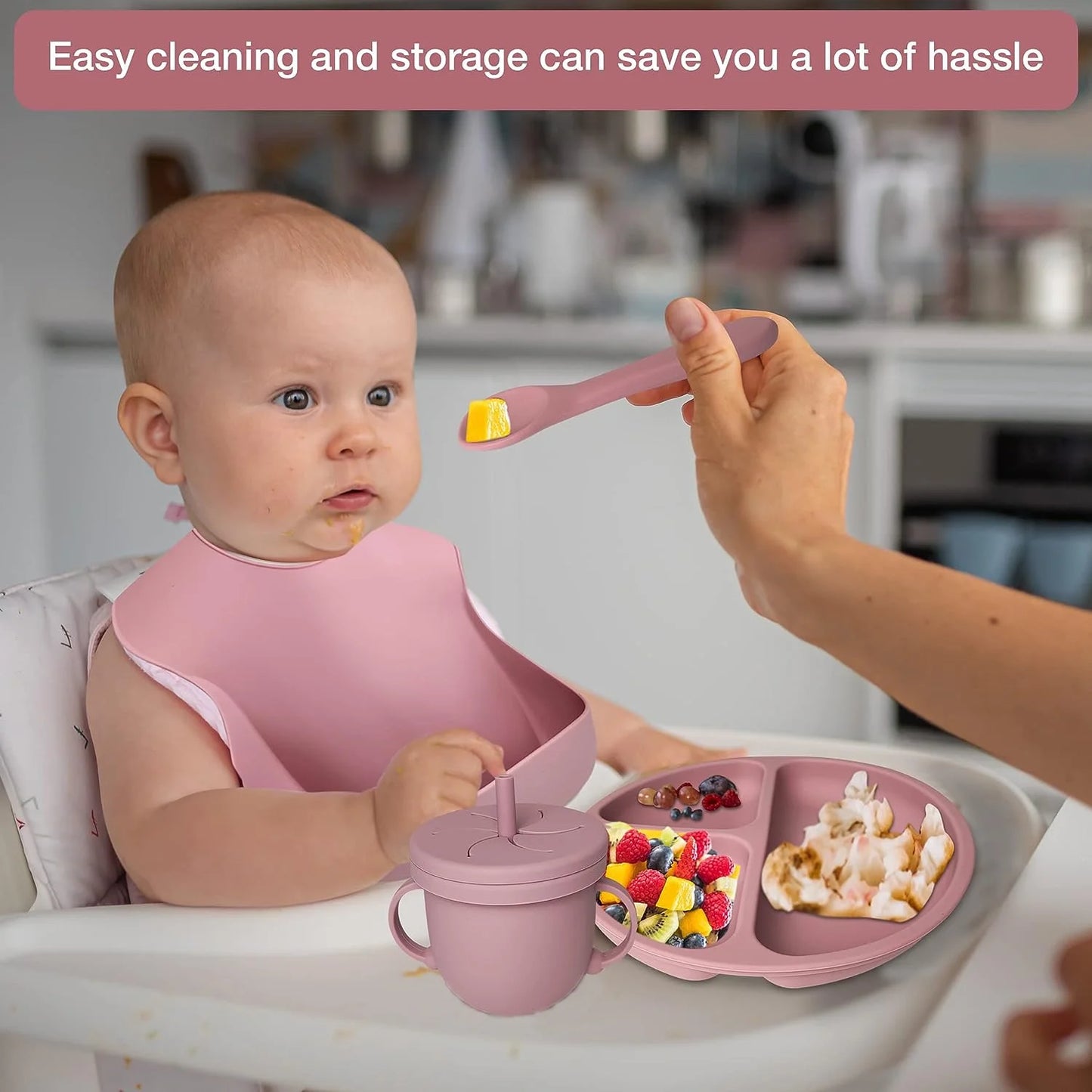 Silicone Baby Feeding Set|Baby Weaning Supplies Set|Suction Baby Plate Bowl Set with Bib Spoon Fork Sippy Cup|Baby Feeding Eating Supplies Set BPA Free - Dark Pink