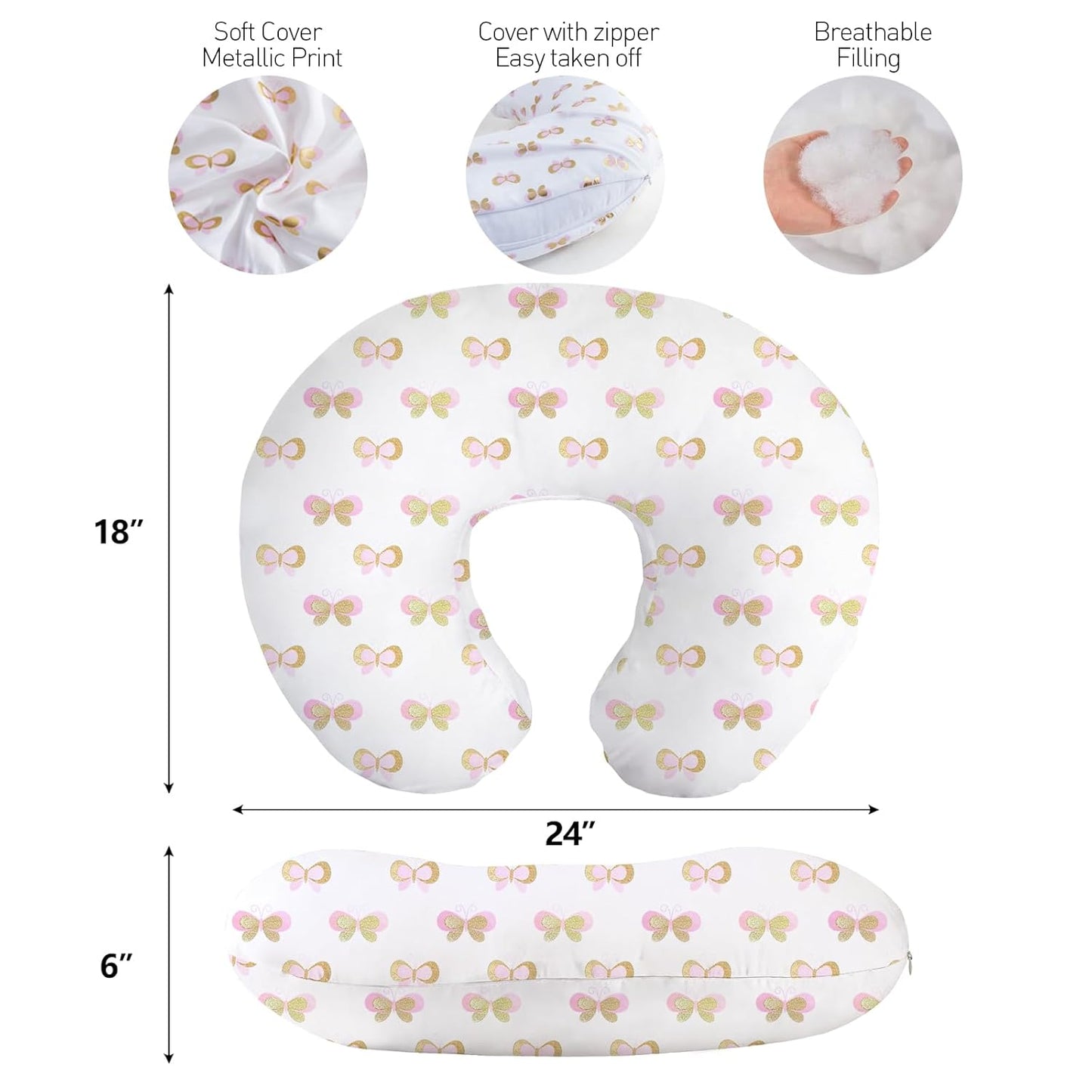 Nursing Pillow, Breast Feeding Pillows for Mom, Butterfly Soft Cover with Breathable Filling, Feeding Support Pillow for 0-12 Months, Multifunctional Support Cushion for Travel