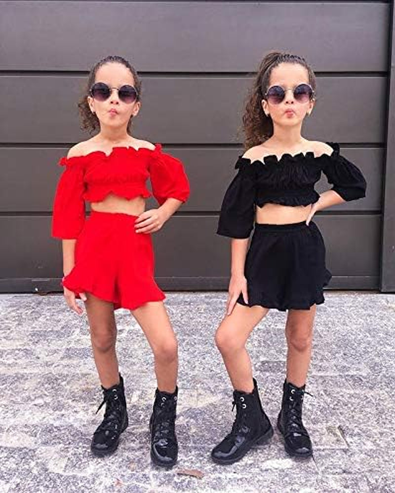 3Pcs Toddler Kids Baby Girl Summer Outfits off Shoulder Crop Top Ruffle Shorts Headband Clothes Set 1-6Y (Rose Red, 5-6T)