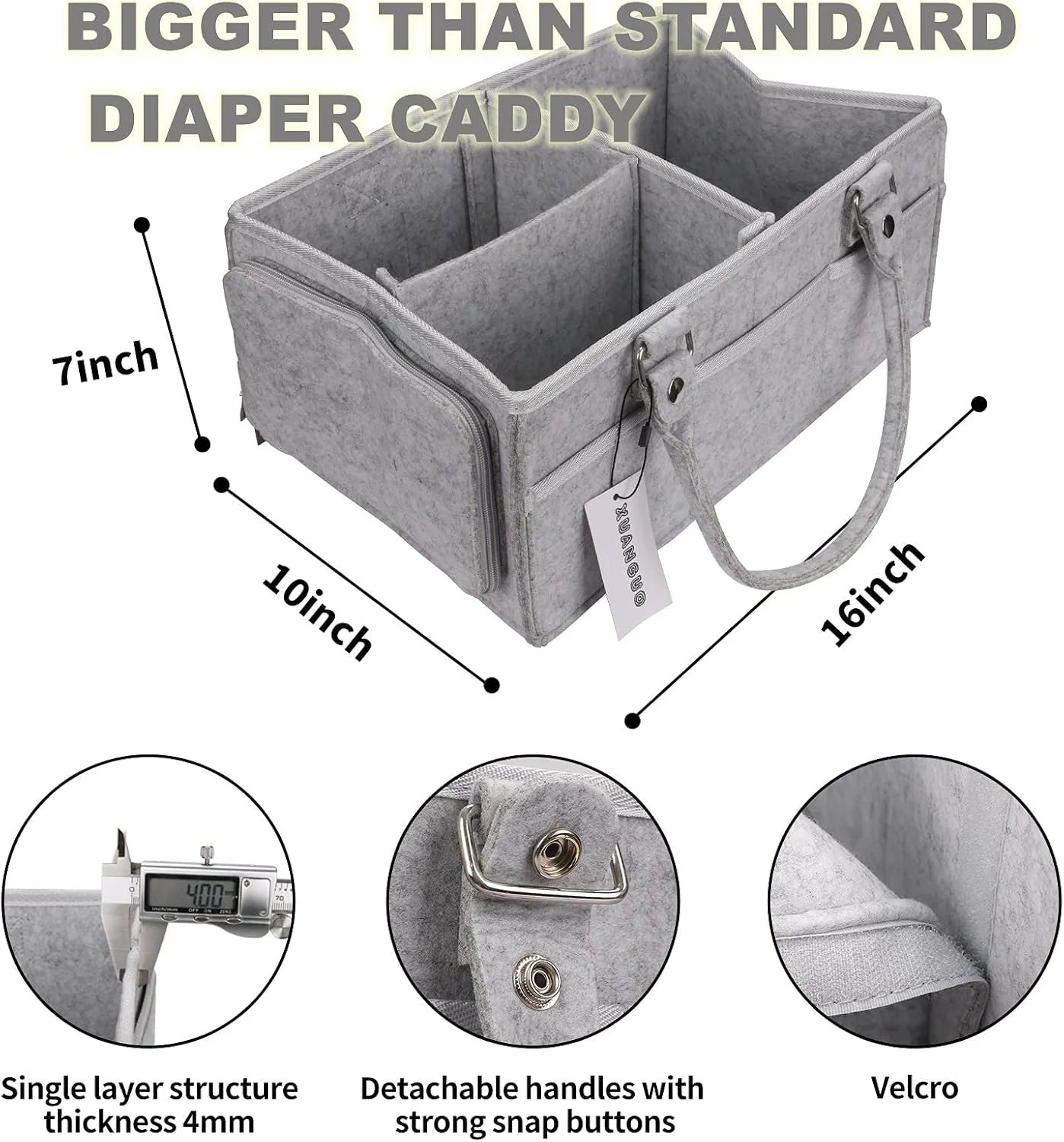 Baby Diaper Caddy Organizer with Handle, Portable Nursery Storage Bin and Car Organizer for Diapers and Baby Wipes, Gray