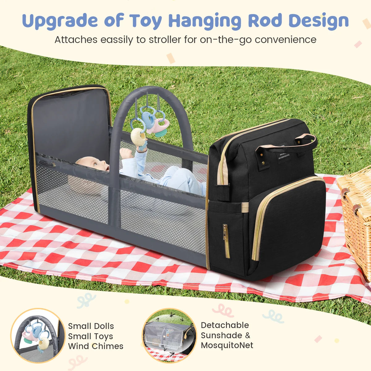 Diaper Bag Backpack, Multifunctional Baby Changing Bag with Foldable Crib &Insulated Milk Bottle Pockets, Large Capacity Portable Travel Backpack with USB Charging Port, Nappy Bag for Moms Dads,Black