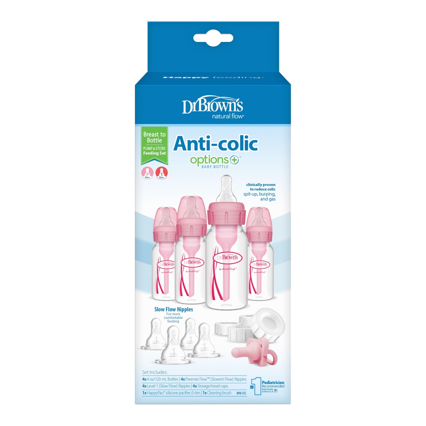 Anti-Colic Baby Feeding Set with Slow Flow Nipples, Travel Caps, Silicone Pacifier - Pink C24