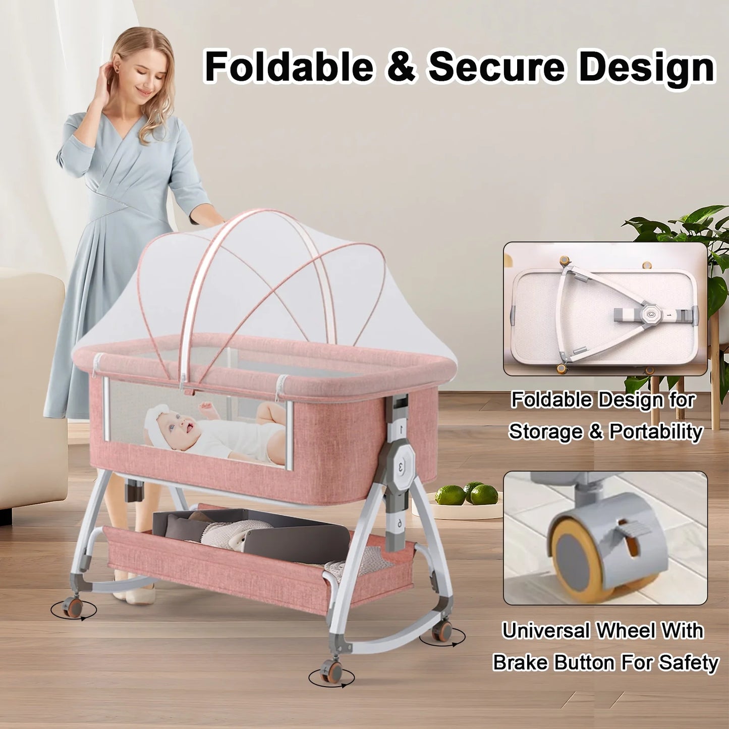 5-In-1 Folding Baby Bassinet,6-Height-Adjustable Crib with Lockable Wheels,Changing Table(Pink)