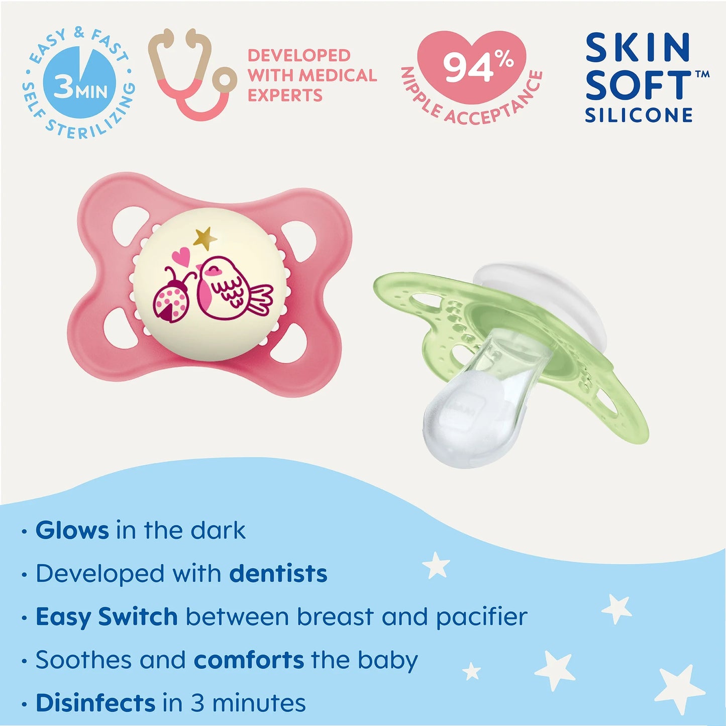 Day & Night Pacifier, 0-6 Months, Girl, 3 Pack