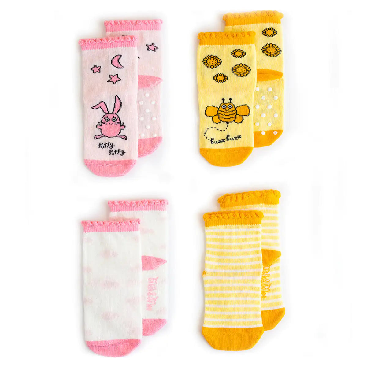 Milk&Moo Buzzy Bee & Chancin Baby Socks (4-Pack, 12–24 Months) – Non-Slip & Soft Cotton