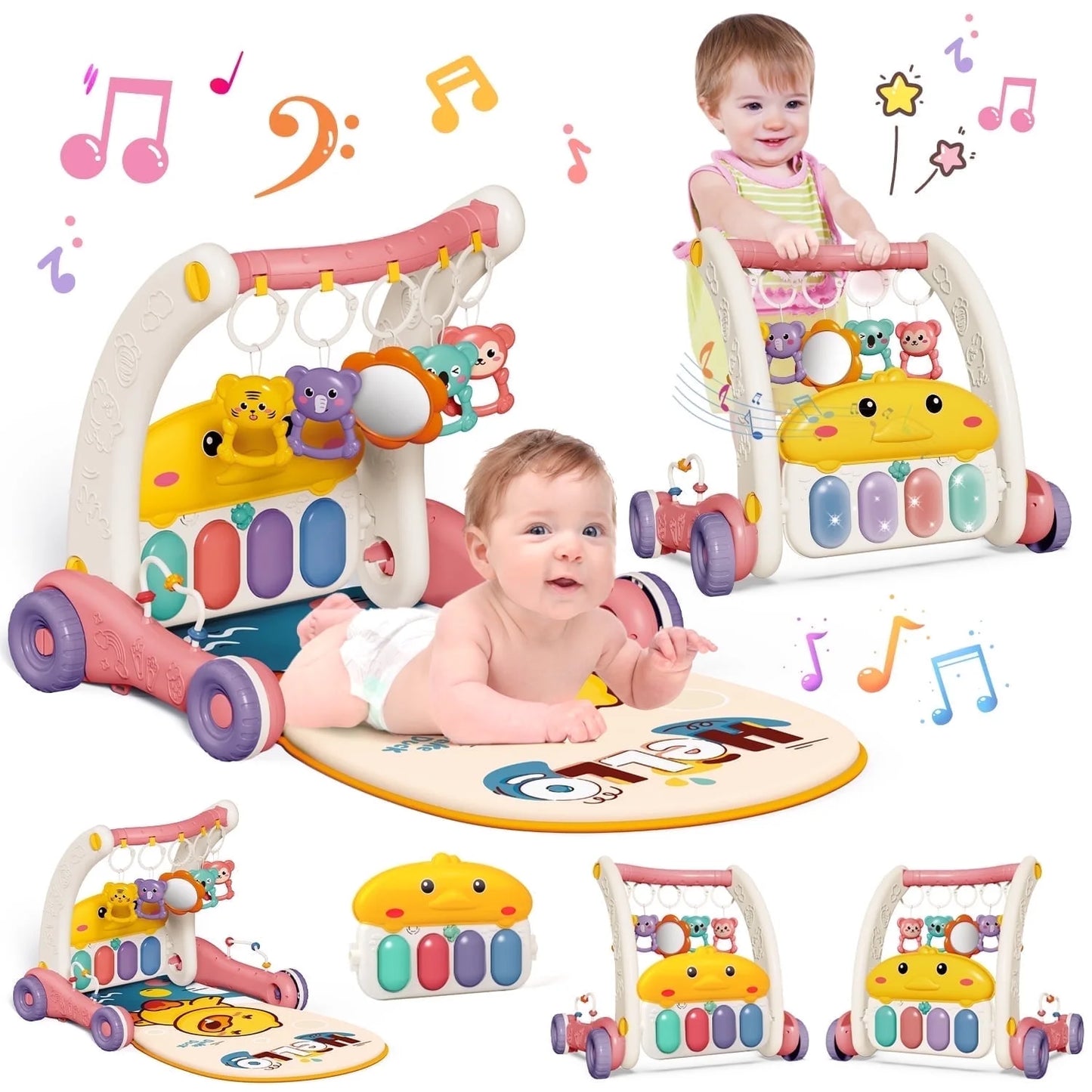 4 in 1 Baby Play Gym & Play Mats,Kick and Play Piano Gym, Baby Activity Walker for 0-24 Months Infant Newborn Toddler, Pink