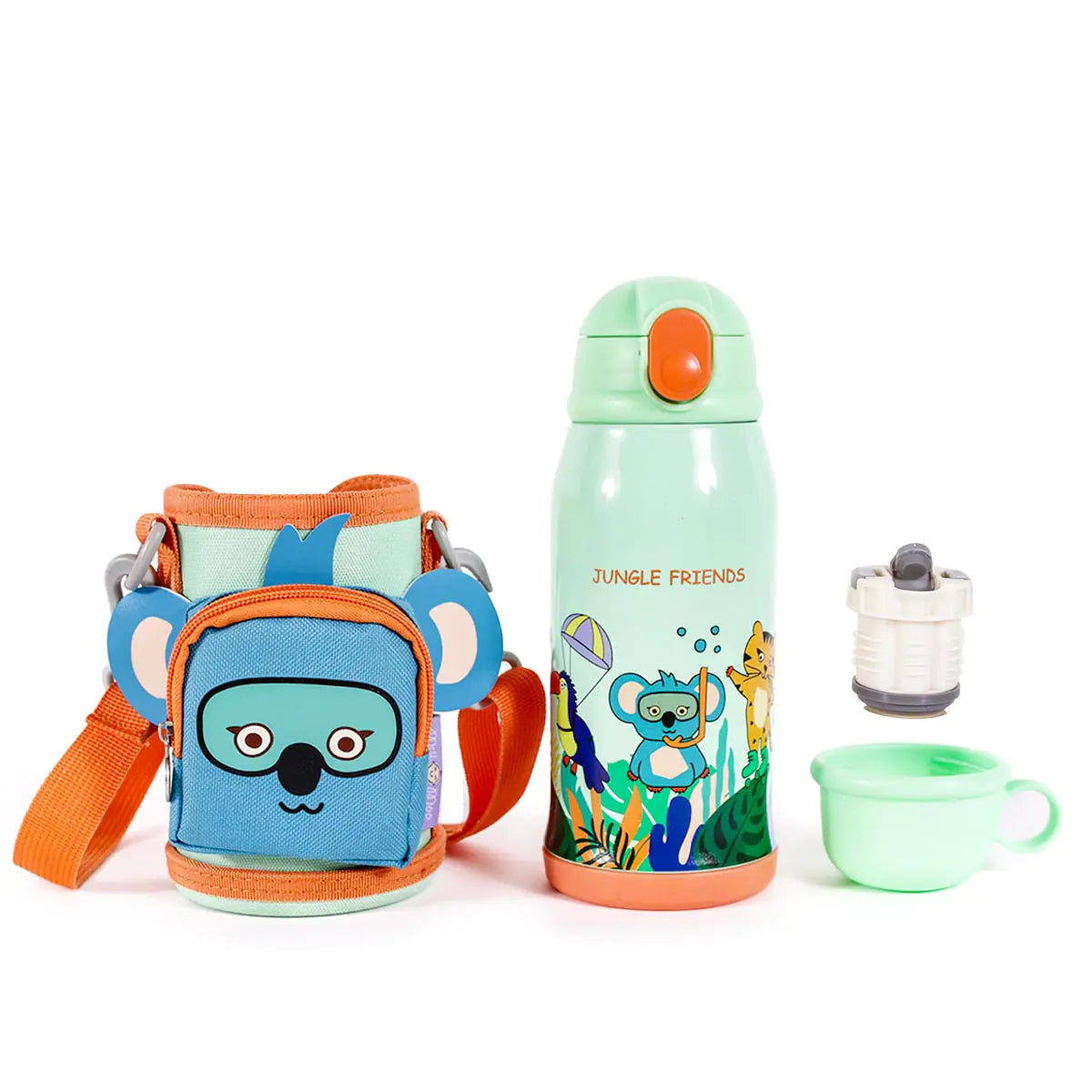MILK&MOO Jungle Friends Kids Water Bottle with Bag – 18.5oz Stainless Steel, BPA-Free, Leakproof, 3 Lids, Insulated for Hot & Cold Drinks